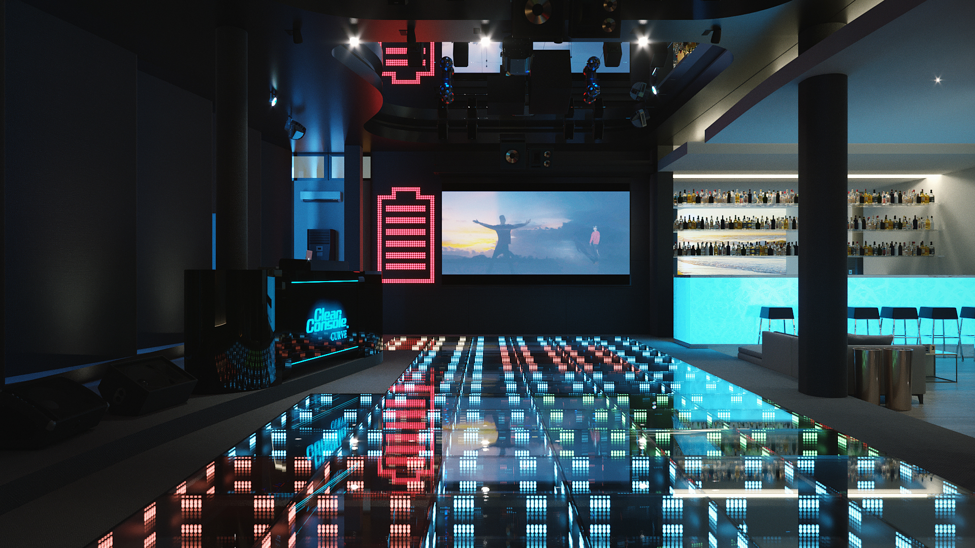 Poconos Bar + Grill dance floor and video wall: a figure with raised arms on the screen and red LED graphics beside it, the lit bar and its bottle shelves opening to the right.