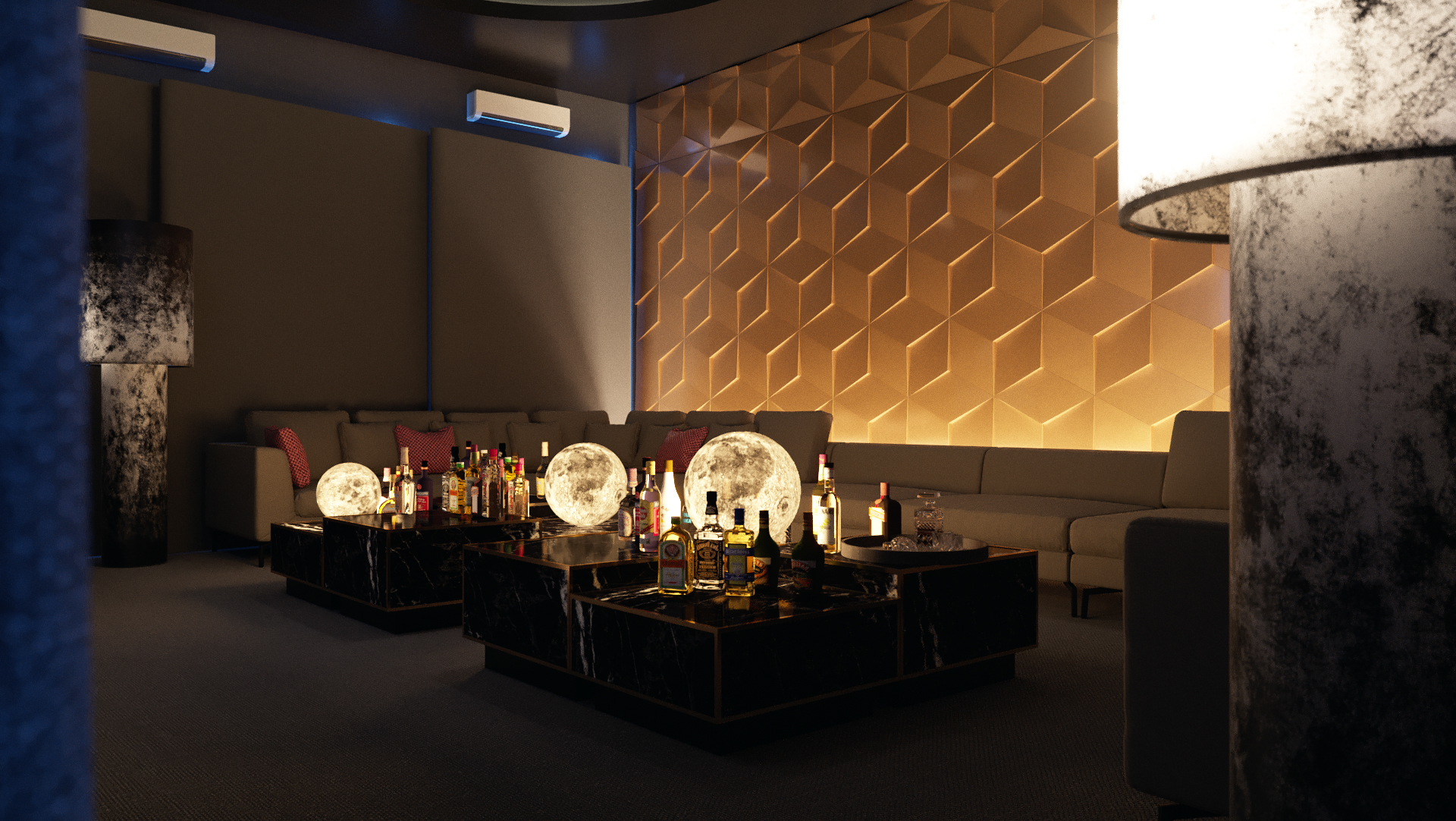Poconos Bar + Grill VIP booth: a grey sectional against a backlit faceted cube wall, black marble tables crowded with spirits and three glowing moon lamps, distressed metal floor lamps at either end.