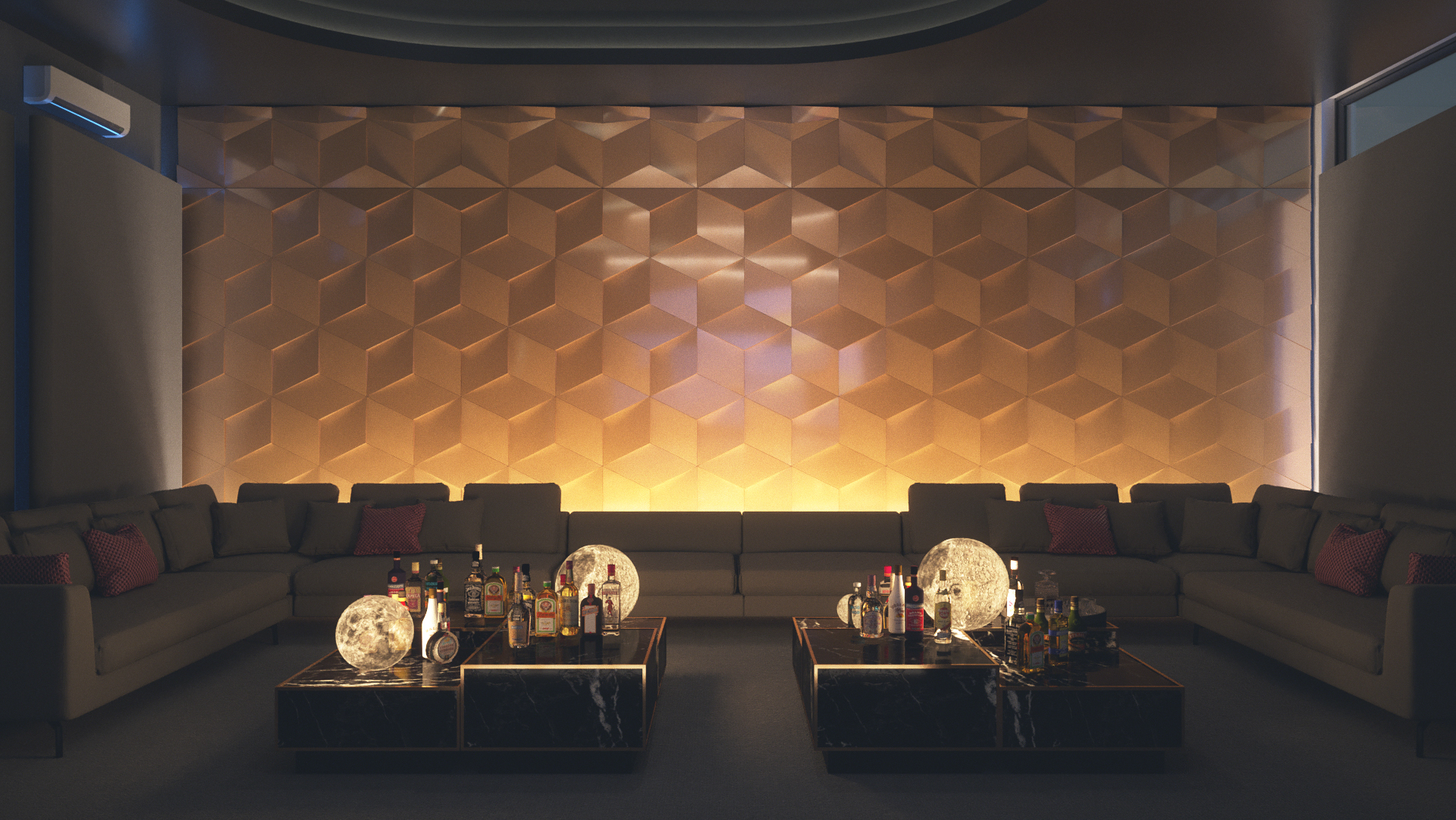 Poconos Bar + Grill lounge head-on: the U-shaped sofa and red cushions wrapped around two marble tables with moon globes, the whole faceted wall washed in warm light.