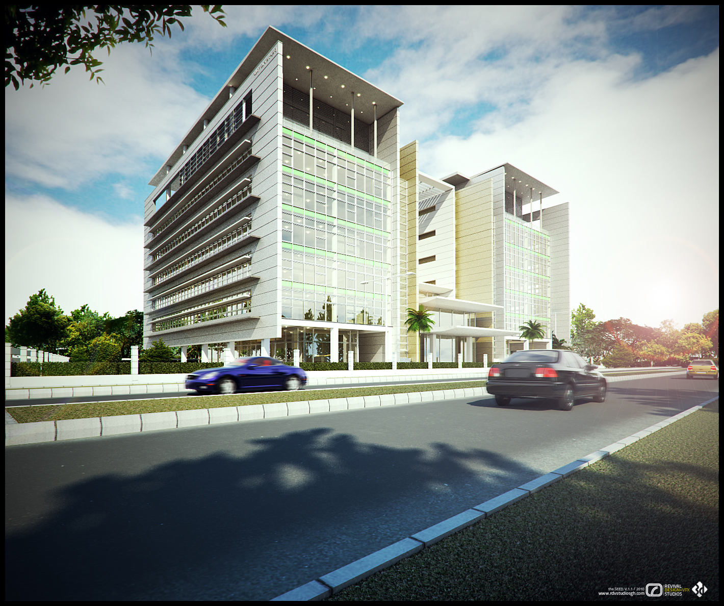 A rendered street view of a multi-storey office block seen from its near corner: a pale stone wing of horizontal window bands on the left meets a full-height glazed curtain wall with green spandrel stripes, both topped by deep cantilevered roof screens on slender columns, with a white entrance canopy at grade, palm trees and a low hedge, and two cars passing on a wide bitumen road in the foreground.