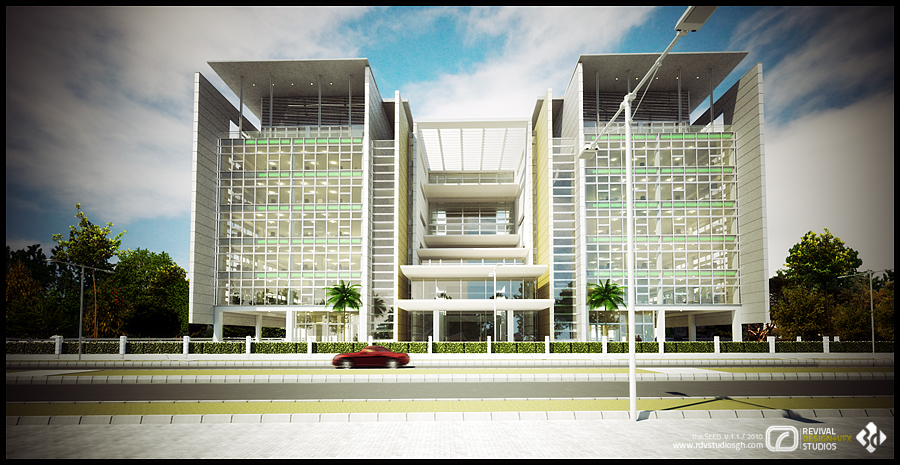A rendered straight-on elevation of the same office block in daylight: two symmetrical wings of glazed curtain wall with green spandrel bands, each capped by an open concrete roof screen, joined by a recessed central atrium with stacked white floor slabs and a cantilevered entrance canopy over the forecourt, with a red car at the kerb and street lamps in the foreground.