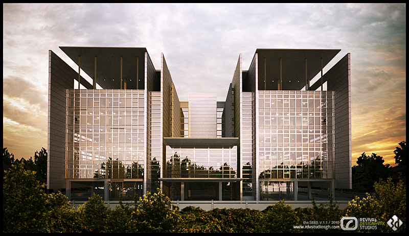 The same symmetrical front elevation at dusk: the twin wings and their deep roof screens read as dark silhouettes against an amber and grey sunset sky, the glazed faces reflecting the last light, and the recessed central link and entrance lit from within above a line of trees.