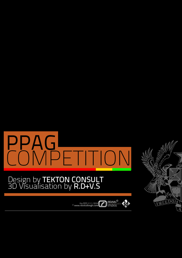 The competition submission board on a black ground: PPAG COMPETITION set in orange and black over a red, yellow and green rule, above the lines Design by TEKTON CONSULT and 3D Visualisation by R.D+V.S, with the Ghana coat of arms printed in grey at the right and the studio mark and rdvstudiosgh.com address along the foot.