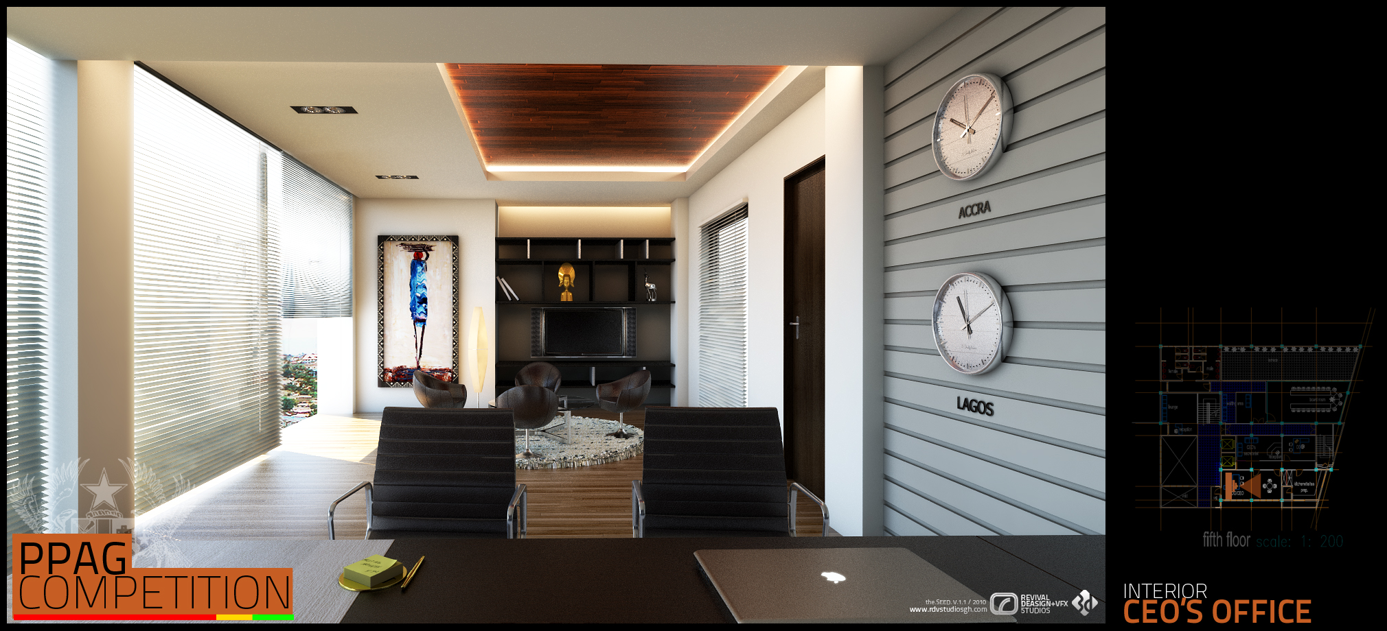 A rendered executive office sheet captioned INTERIOR CEO'S OFFICE: a long dark desk with two black ribbed chairs in the foreground, a wall of slatted blinds to the left, a backlit timber ceiling panel over a lounge group of brown chairs on a white rug, black shelving with a screen, a blue figurative painting, and a slatted grey feature wall hung with two clocks labelled ACCRA and LAGOS, with a fifth-floor CAD plan at 1:200 inset on black at the right.