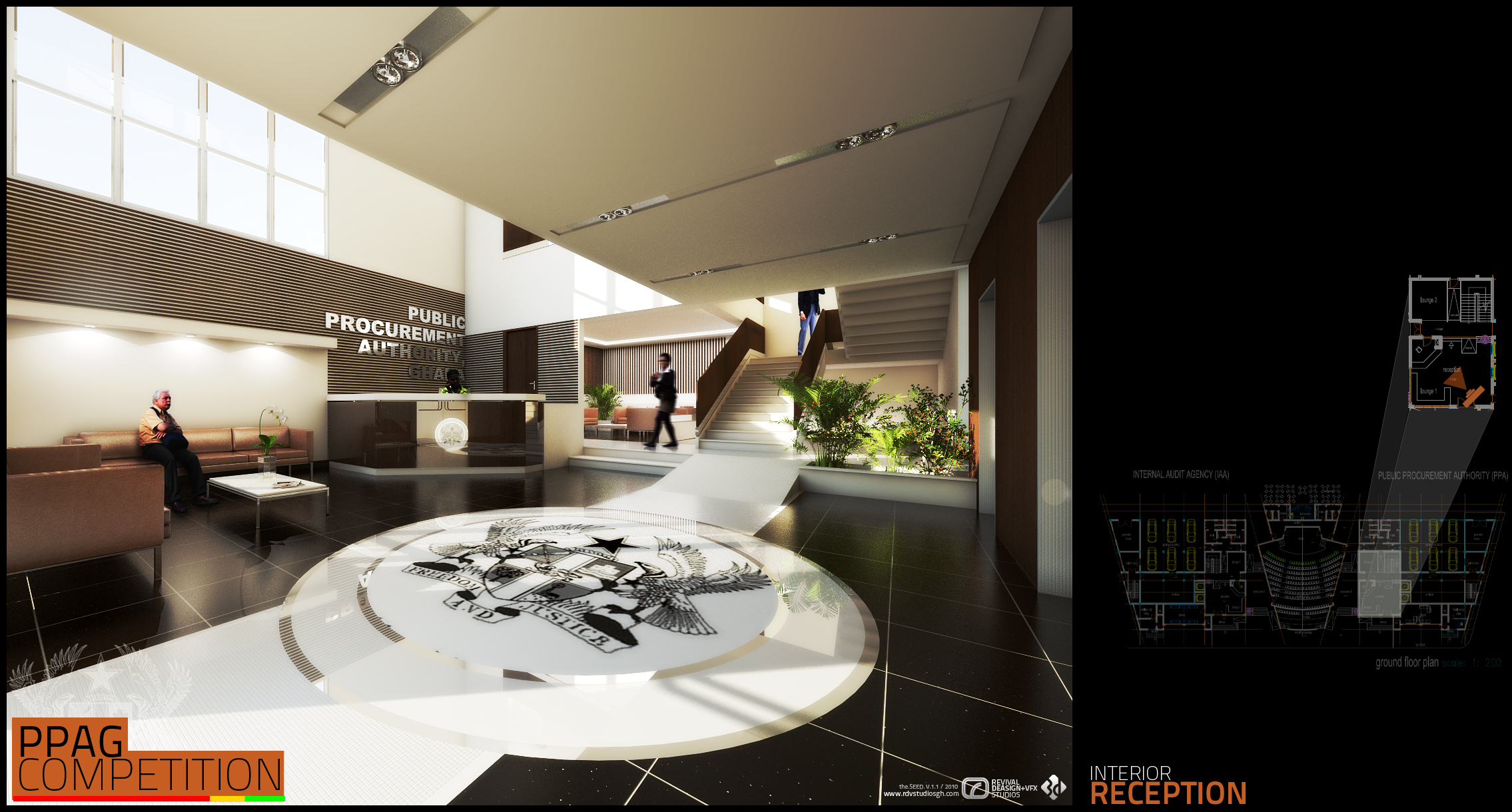 A rendered double-height lobby sheet captioned INTERIOR RECEPTION: a dark polished floor inlaid with a large circular Ghana coat of arms and its Freedom and Justice motto, a white runner leading to a dog-leg stair with a timber balustrade, a slatted feature wall lettered PUBLIC PROCUREMENT AUTHORITY GHANA above a low stone reception desk, caramel lounge seating at the left and a planted trough of palms at the right, with ground-floor and first-floor CAD plans inset on black at the right.