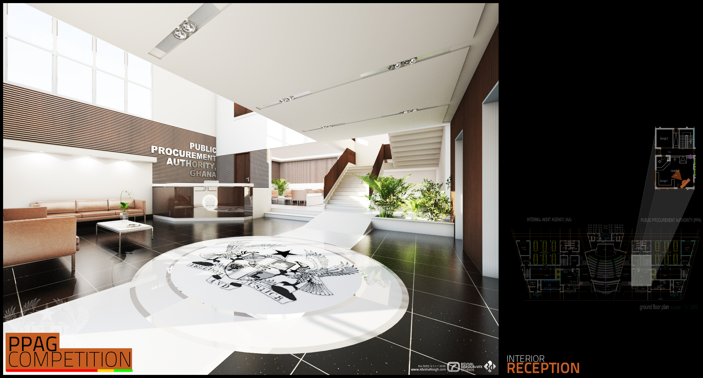The same reception view cleared of figures and lit more evenly: the coat-of-arms floor inlay, the PUBLIC PROCUREMENT AUTHORITY GHANA slatted wall and the low stone desk read without the dark cast shadows, the stair and planted trough brighter, and the ground-floor CAD plan inset at the right labelling the Public Procurement Authority and Internal Audit Agency accommodation.