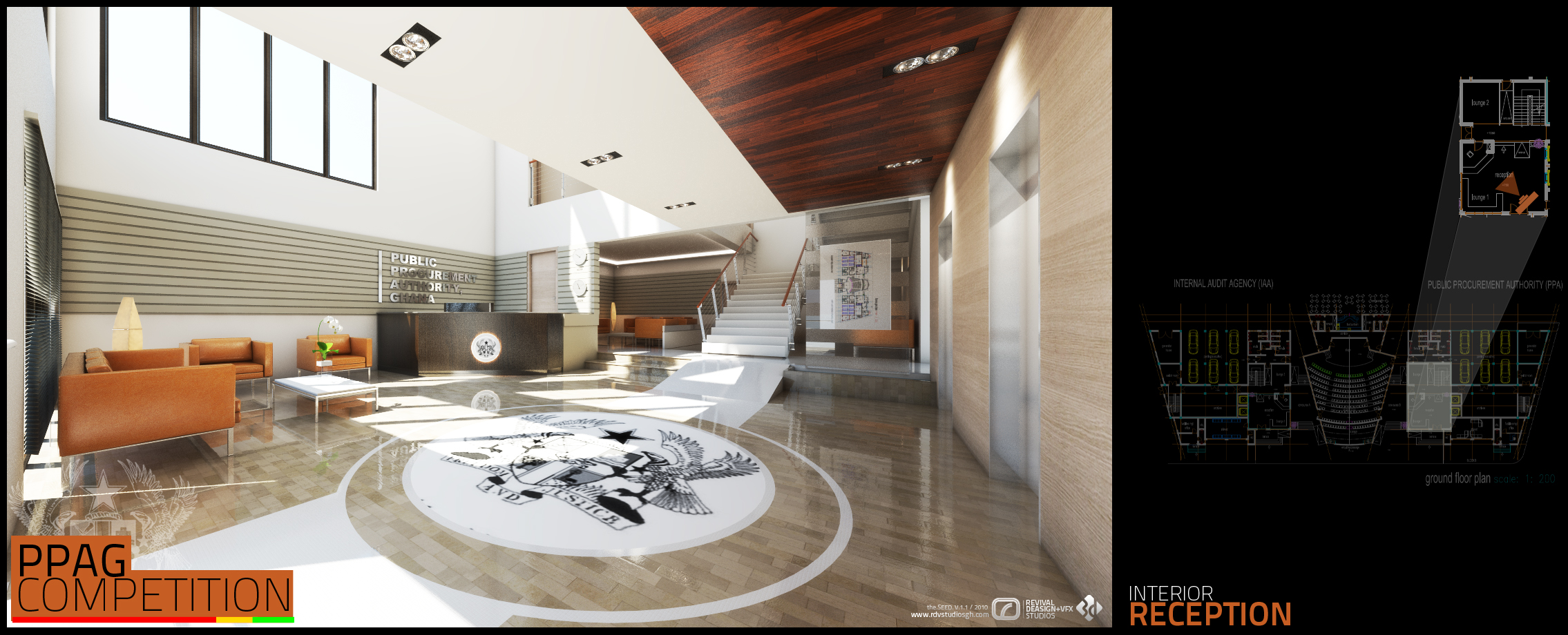 A wider reception view in an alternative material palette: the floor re-drawn in pale timber parquet under the same circular coat-of-arms inlay, the ceiling panelled in dark timber, the feature wall in horizontal grey stone bands behind the desk, orange lounge chairs at the left and a glazed lift lobby to the right, with the ground-floor CAD plan inset on black at the right.
