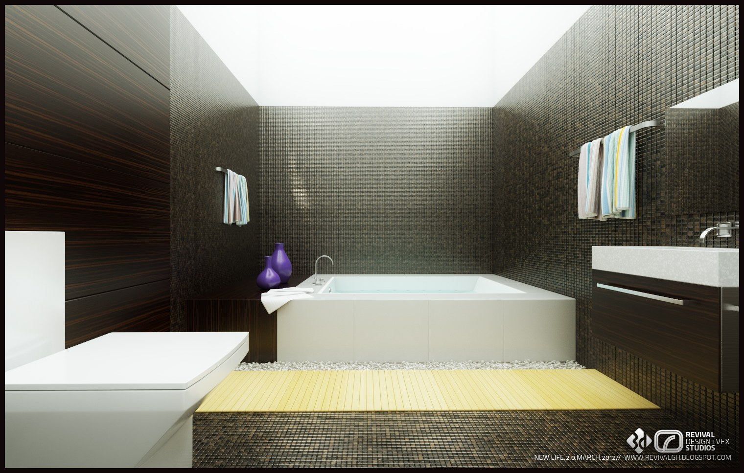 Bathroom render: freestanding white tub against dark mosaic walls, floating vanity, striped towels and a yellow runner on pebble edging, daylight flooding from a skylit ceiling.
