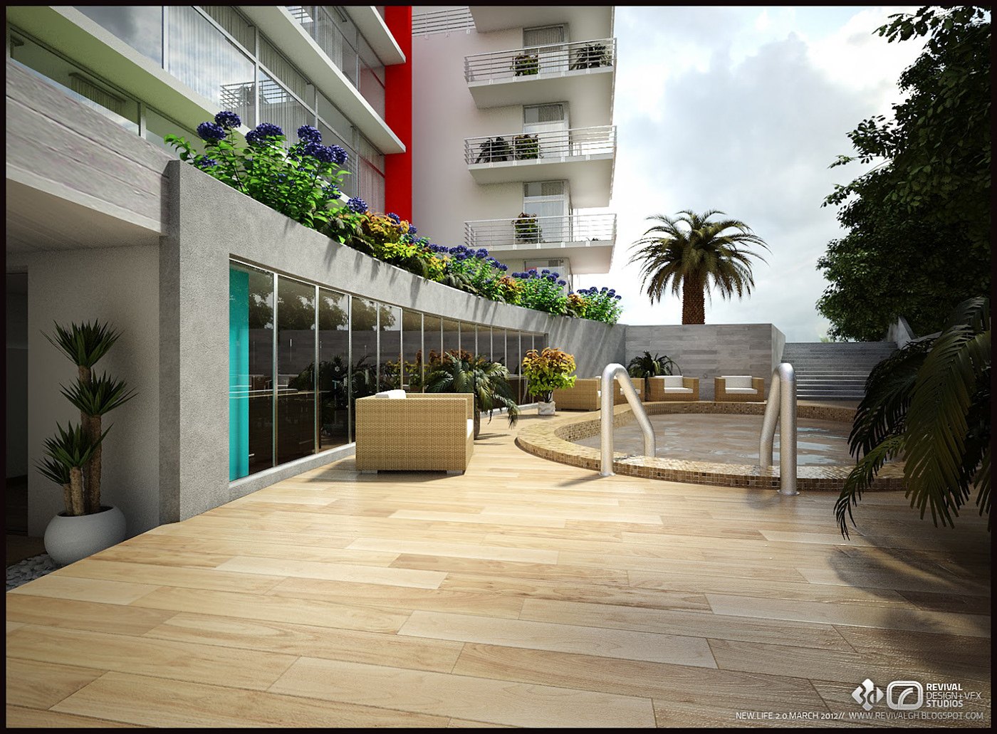 Pool deck render: a small swimming pool with steps set in pale stone paving, woven loungers and planter walls, apartments with planted balconies rising above against a bright cloudy sky.