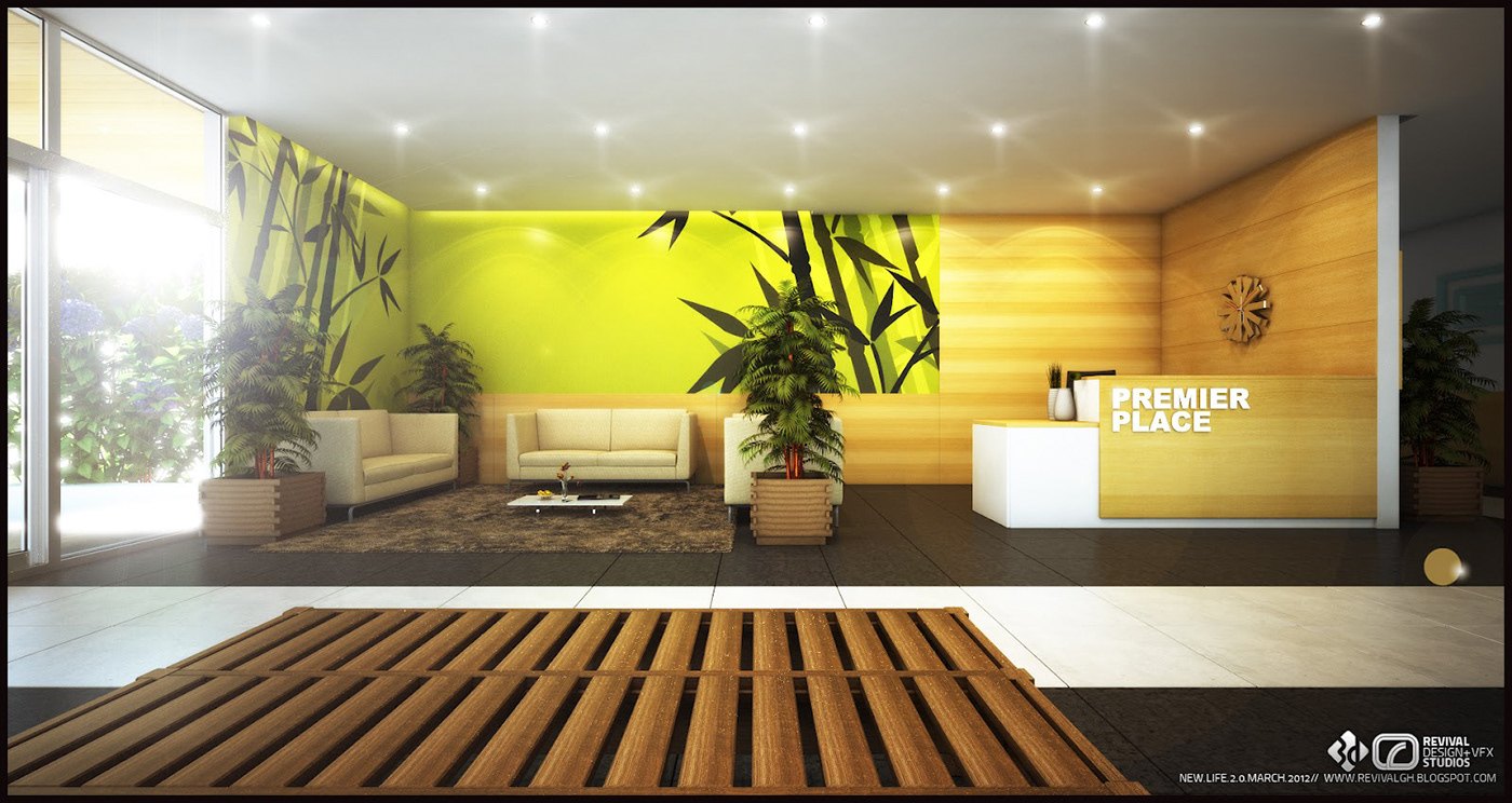 Reception render: white desk before a wood wall carrying the PREMIER PLACE sign, a lime-green mural with bamboo imagery, cream sofas, timber slat floor inlay and potted palms in daylight.
