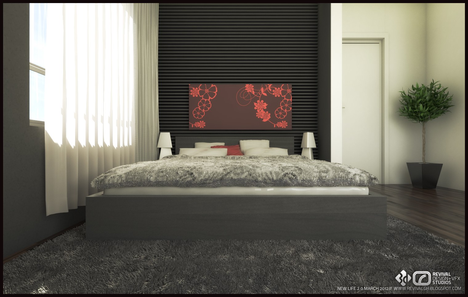 Bedroom render: low platform bed with gray quilt against a black slatted feature wall hung with a red floral panel, sheer curtained window, gray carpet and a potted tree by the door.