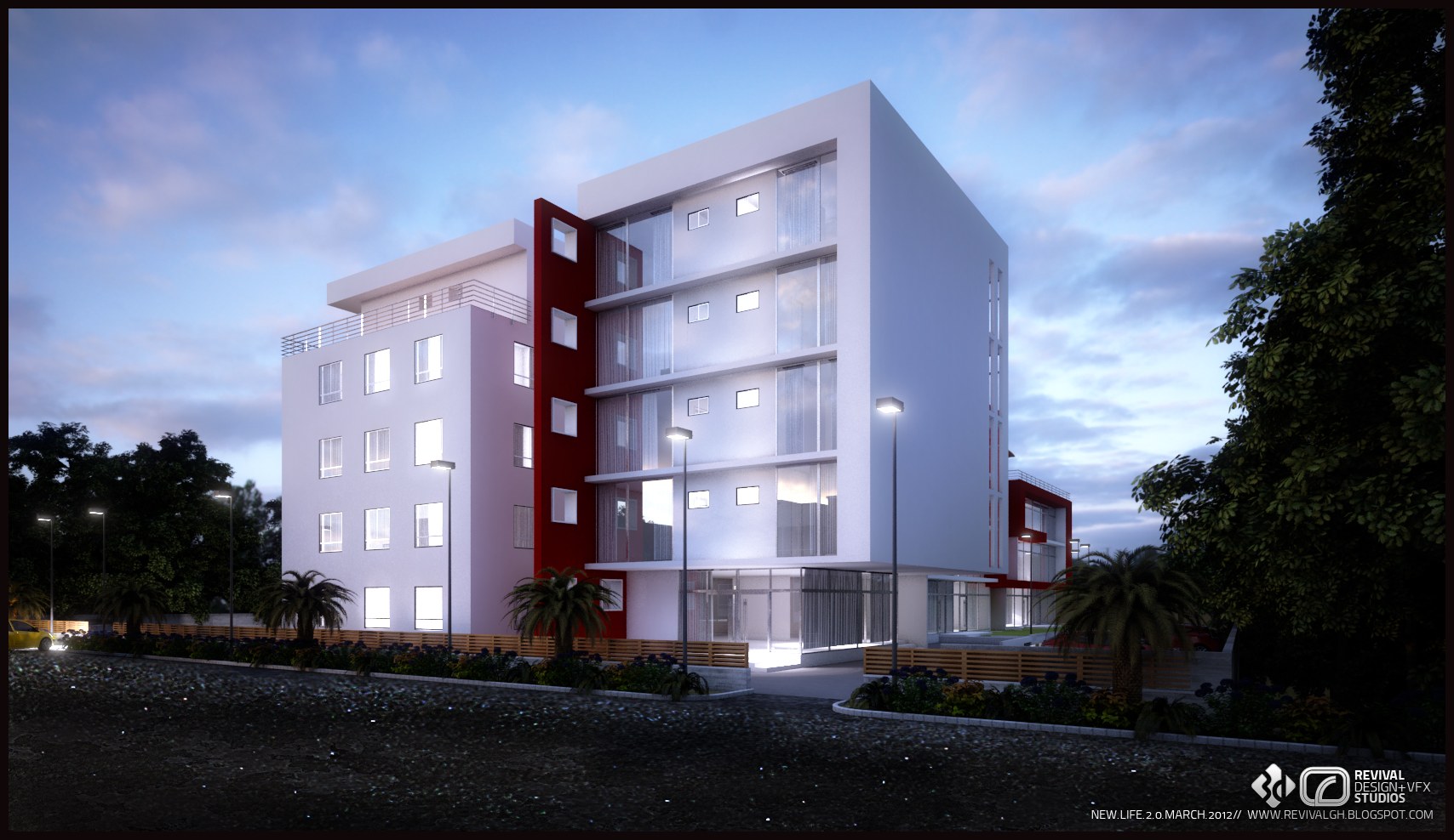 Exterior render at dusk: white mid-rise apartment block with a red stair core, lit windows and balcony rails, palms and streetlights on a dark foreground under a blue twilight sky.