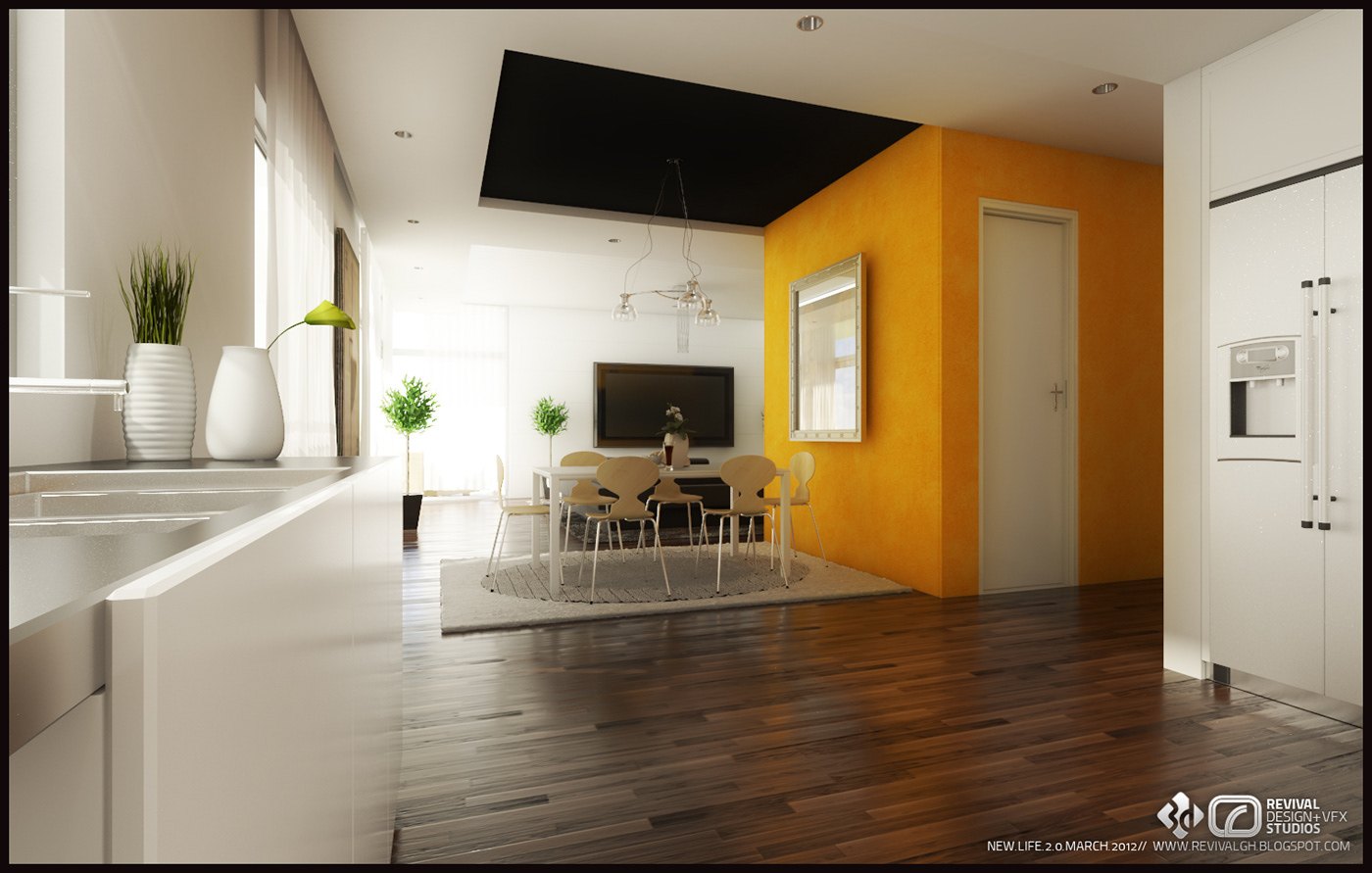 Living and dining render: white open-plan apartment with a tangerine accent wall, black ceiling panel, glass dining table, built-in white kitchen and dark wood floors in strong daylight.