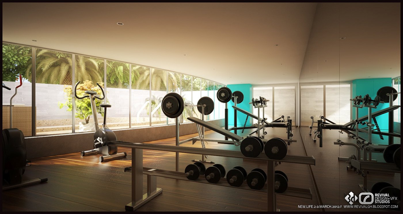 Gym render: cardio machines and a free weight bench on dark flooring, turquoise accent panels and mirrored walls, palms visible through a long window band.