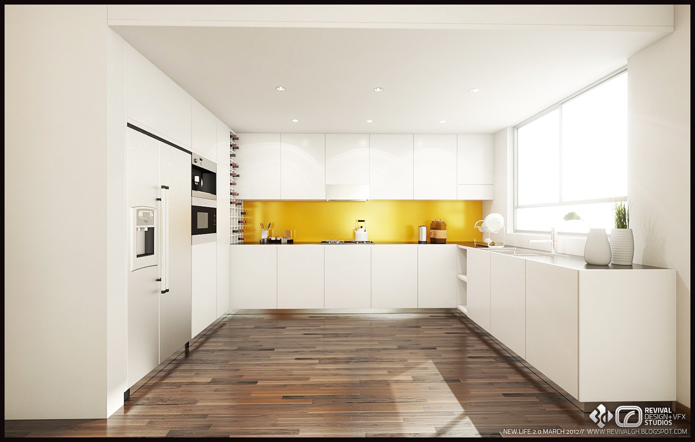 Kitchen render: handleless white cabinetry with a yellow backsplash band, integrated ovens and recessed ceiling lights, dark wood floor and a corner window washing the space in daylight.
