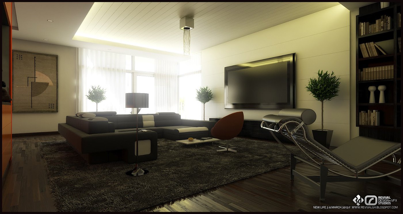 Lounge render: gray sectional sofa facing a wall-mounted screen, chaise lounge, dark rug, book-filled niche and a glowing cove ceiling over wood floors and potted plants.