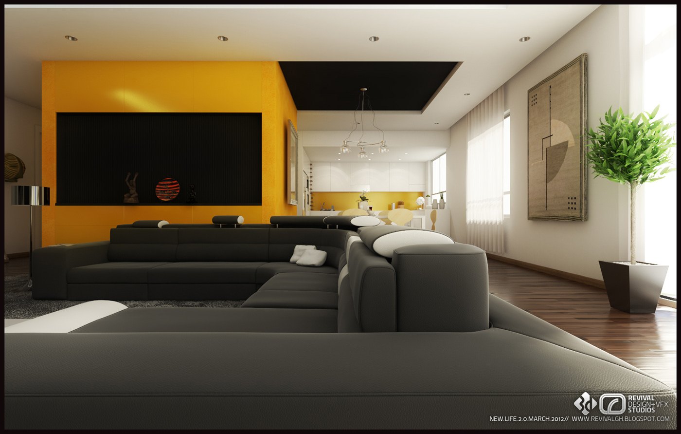 Living room render from behind a gray L-shaped sofa toward a lemon accent wall holding a black screen panel, dining area beyond under a chandelier, white walls and wood floors.