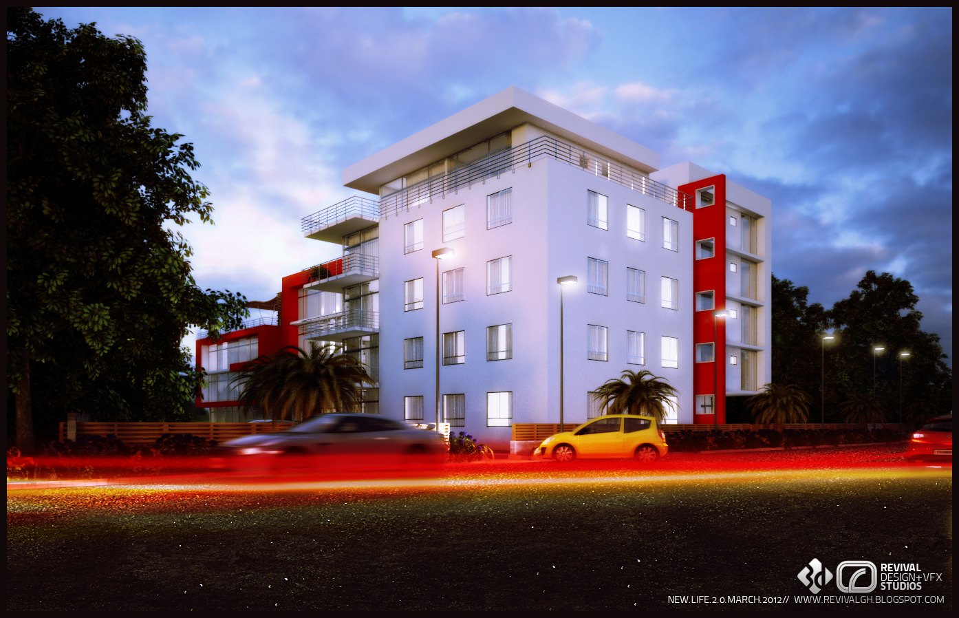 Street-level exterior render at dusk: the white and red block lit from within, a yellow car and blurred red tail-light streaks on the road, palms and streetlights framing the corner.