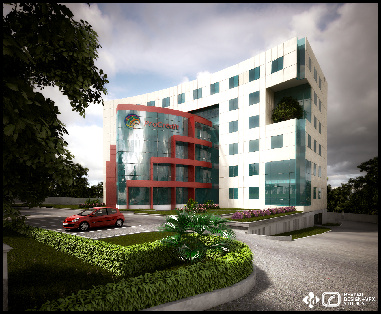 A rendered street-level view of a curved multi-storey office building: a white panelled facade punched with a regular grid of teal-tinted windows wraps away to the right, while the left-hand entrance bay is fully glazed and articulated with bold red horizontal fins and banding carrying the ProCredit logo and wordmark above the entrance; a tree rises from a planted roof cut-out at the upper right, and a paved driveway, clipped hedges, a palm and pink flowerbeds fill the foreground under an overcast sky, with a red hatchback parked to the left.