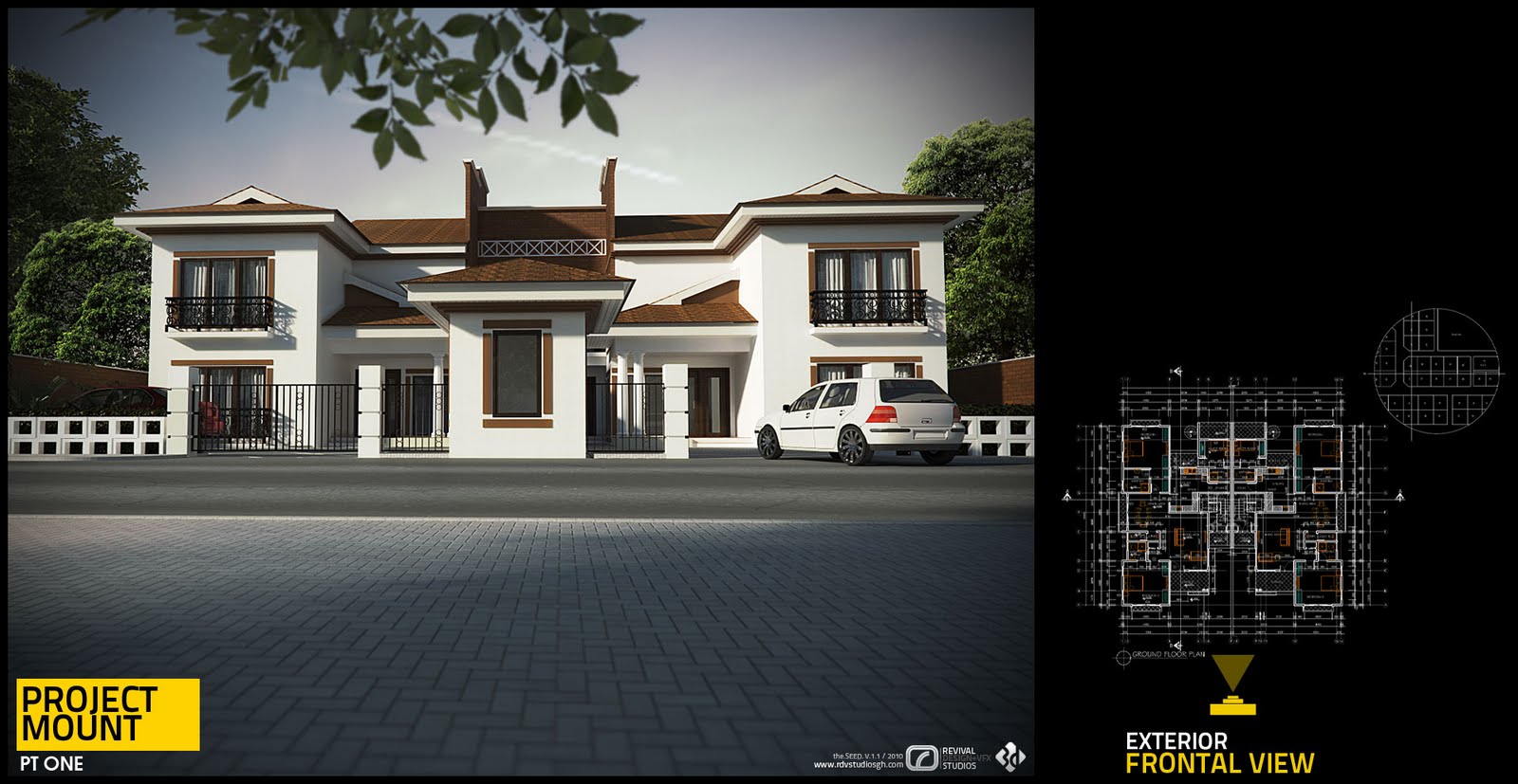 A rendered street view of a two-storey house in white render under pitched terracotta roofs, with a silver hatchback parked at the kerb. The board is labelled Exterior Frontal View and carries the ground-floor plan at the right.
