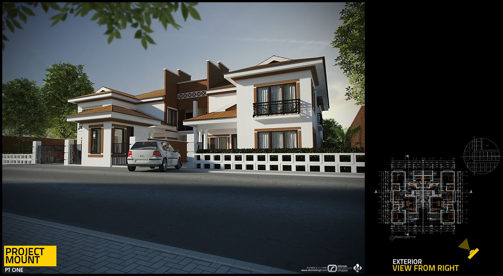 The same house from its right-hand corner, showing the balcony, tall shaded windows and the low white fence returning along the street as a run of perforated breeze blocks, with planting visible behind the boundary wall and a sliding gate at the drive. This board is labelled Exterior View from Right and repeats the ground-floor plan at the right, with the PROJECT MOUNT / PT ONE badge and the SEED. V.1.1 / 2010 signature along the bottom.