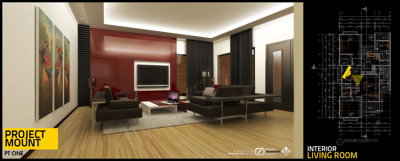 A rendered living room with a deep red feature wall carrying a wall-mounted television set into a white niche, two dark sofas facing one another across a low white and red table with an open laptop on a pale rug, and a three-panel canvas of perched macaws on the left wall. A loudspeaker stands on a slim base at the far left, dark slatted panels flank the windows and a floor lamp glows behind the nearer sofa. Timber floors and a cove-lit coffered ceiling complete the room, which the board labels Interior Living Room beside a ground-floor plan marked with a section cut; the PROJECT MOUNT / PT ONE badge and the SEED. V.1.1 / 2010 signature run along the bottom.