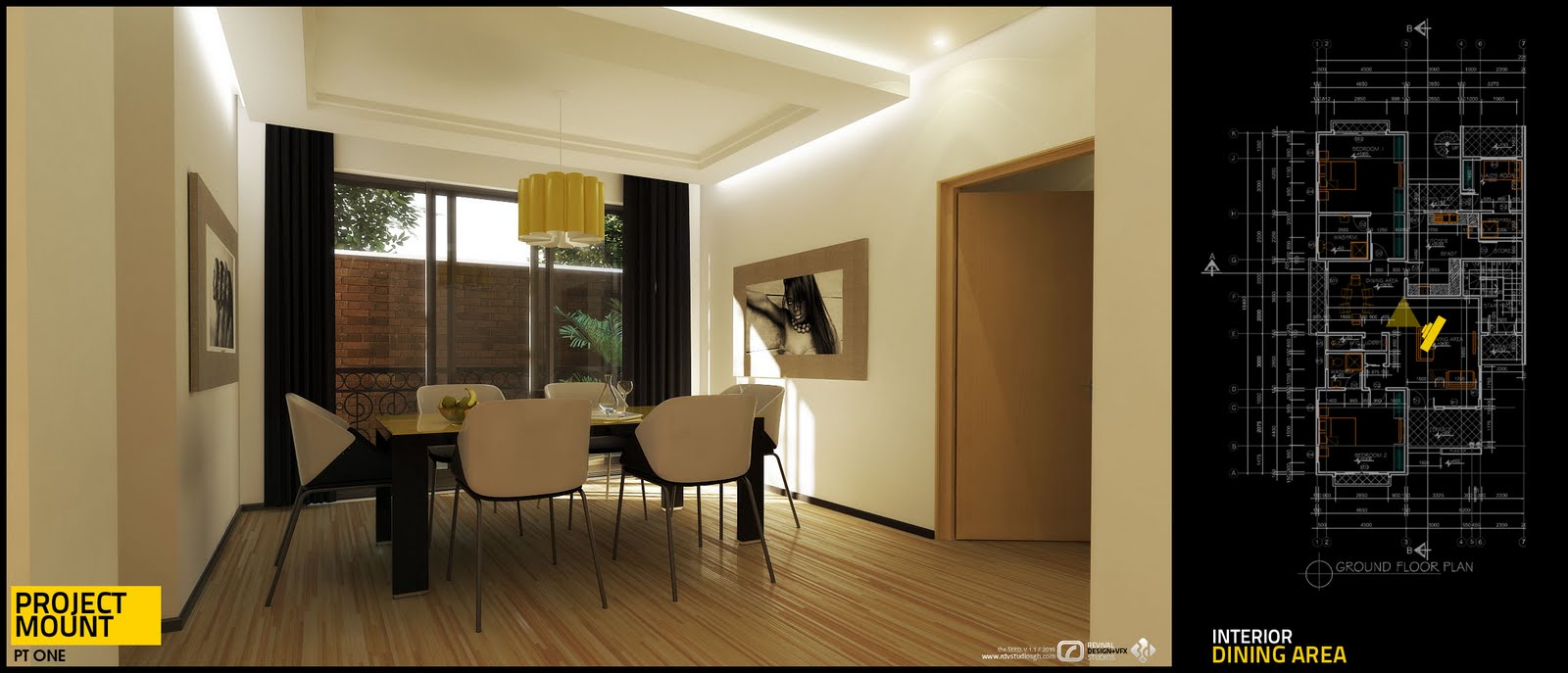A rendered dining area with a dark rectangular table and four white shell chairs beneath a yellow drum pendant, lit by a coved ceiling with concealed strips and a glazed door onto a planted courtyard with a brick boundary wall and black curtains at either side. A framed monochrome portrait hangs on the right wall above the sunlit patch, a second framed piece sits at the left, and a timber door stands open on the right hand side; the board labels the view Interior Dining Area against a ground-floor plan, with the PROJECT MOUNT / PT ONE badge and the SEED. V.1.1 / 2010 signature along the bottom.