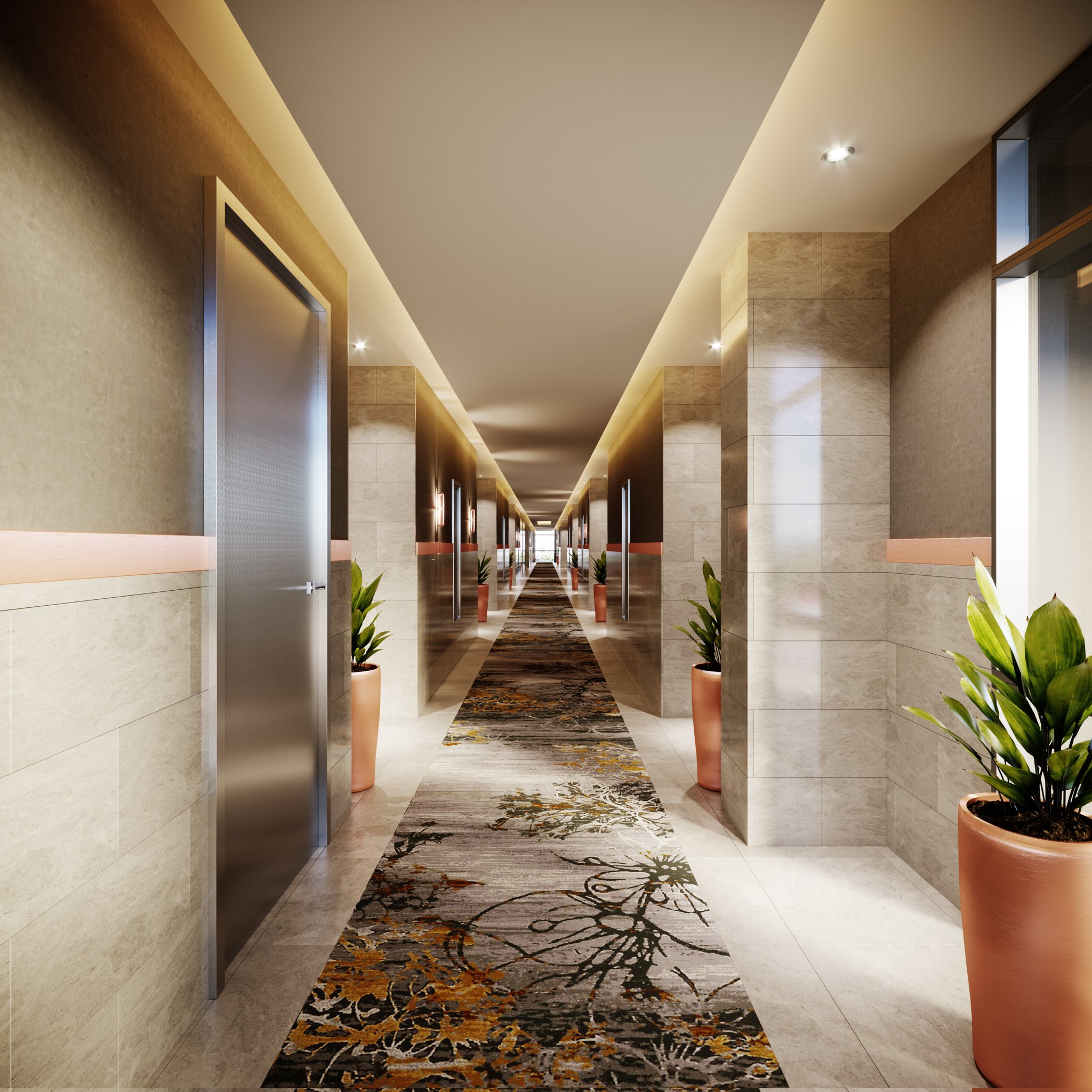 Protea Hotel Airport guest corridor: a floral-patterned runner down pale stone walls banded with copper, brushed-metal room doors on either side, and tall terracotta planters under a coved ceiling.
