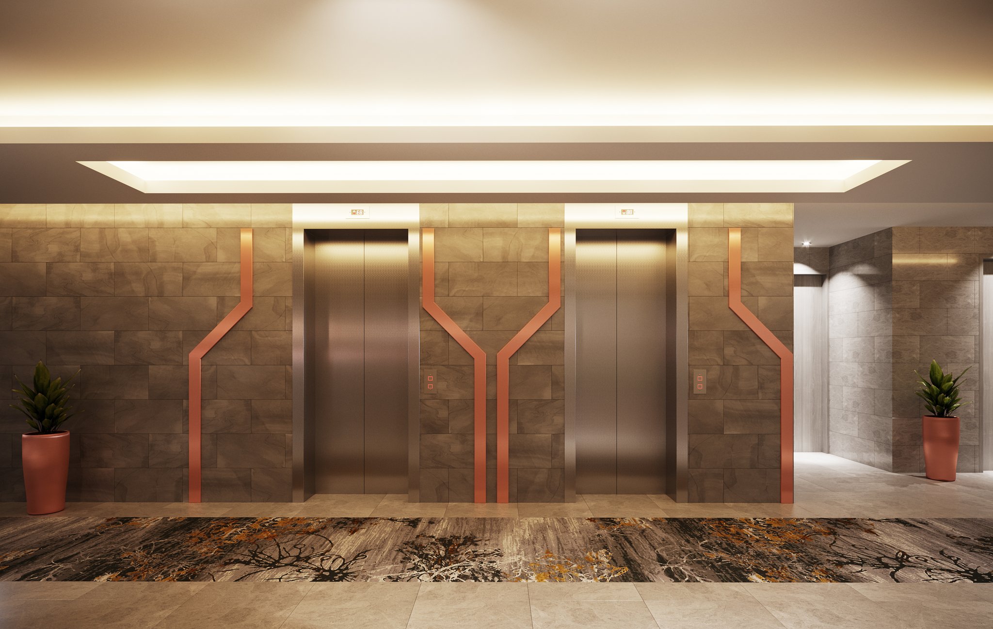 Protea Hotel Airport lift lobby: two brushed-metal elevator doors set in a stone wall, copper inlay lines branching between them, a lit ceiling recess above and terracotta planters at either end.