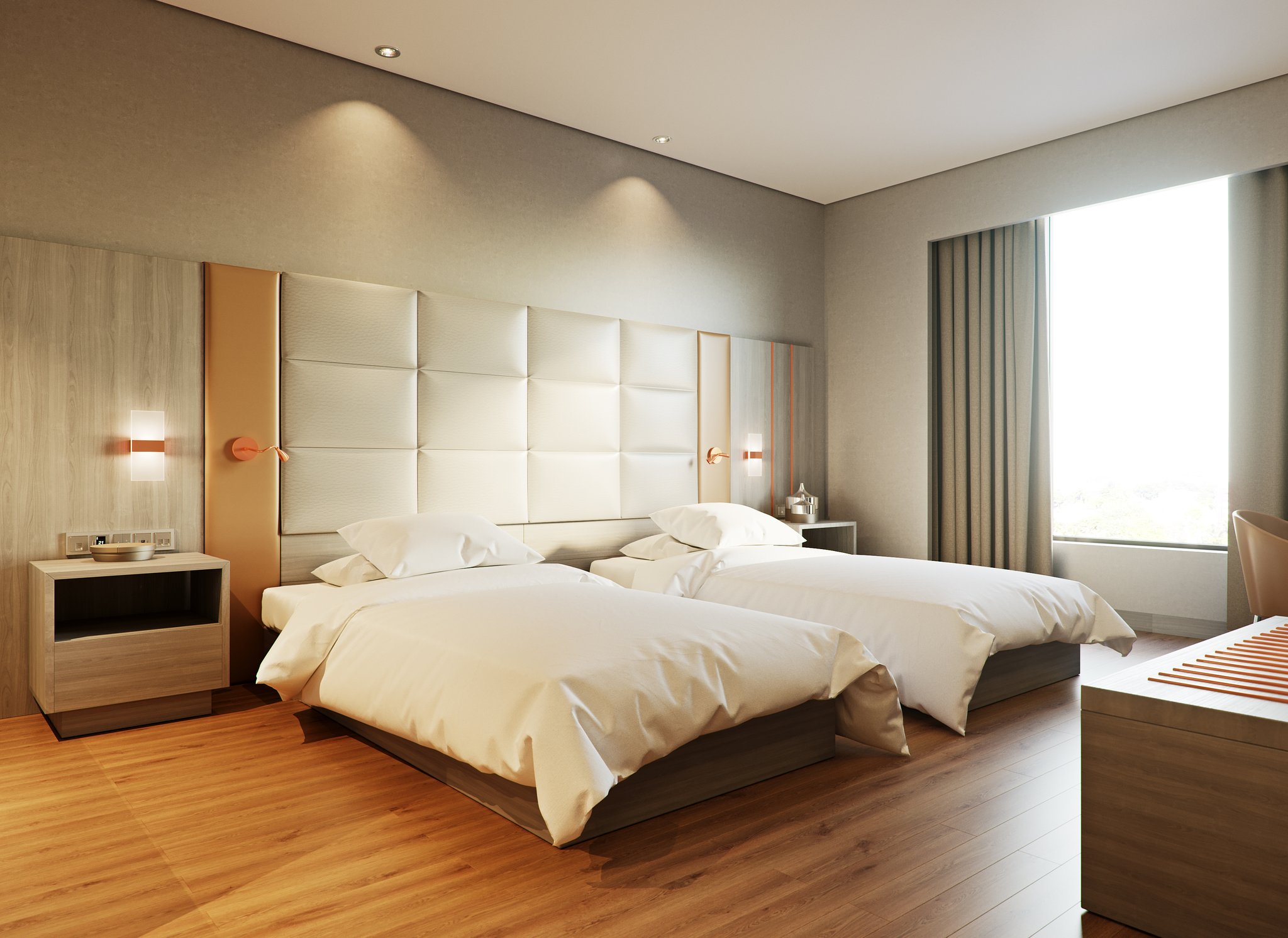Protea Hotel Airport twin room facing the headboard: two single beds under a wide padded tile panel with copper reading arms and rectangular sconces, floating nightstands either side, and the curtained window at the right.