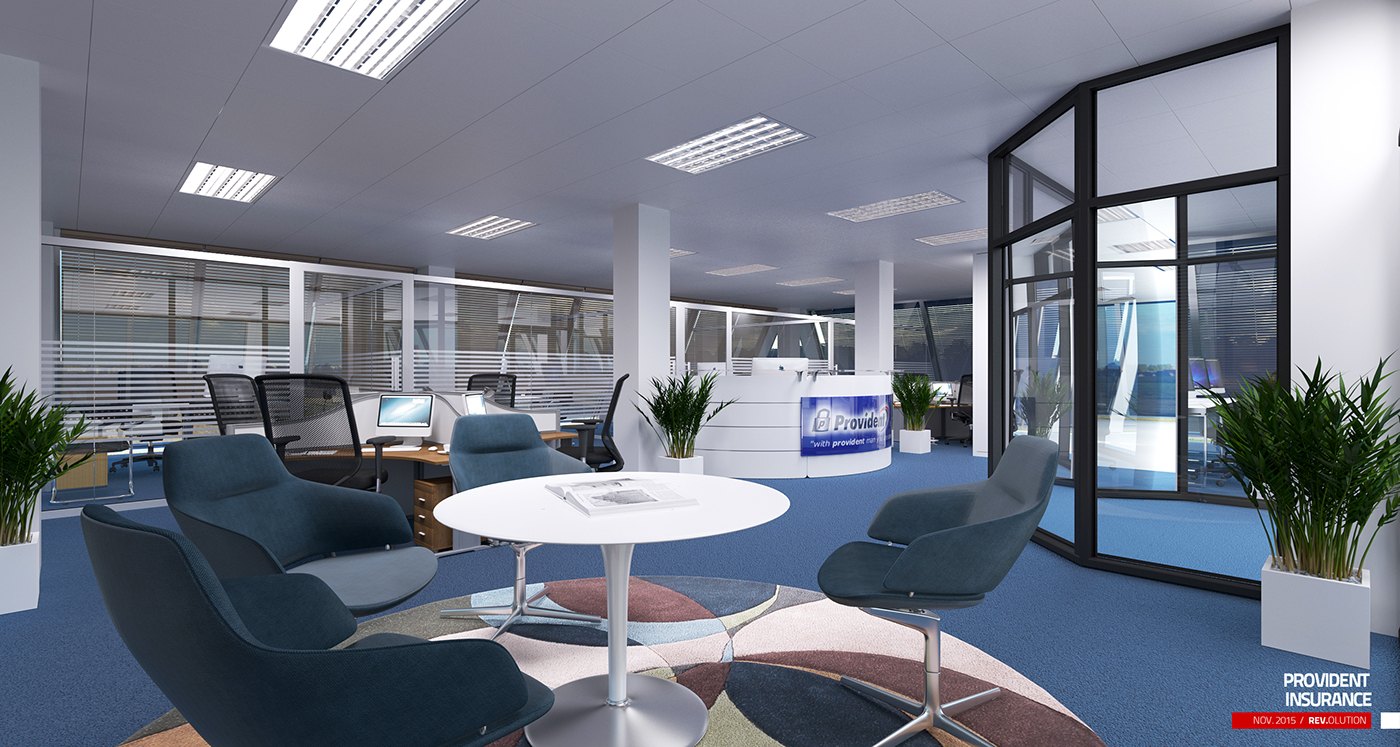 Interior visualization of an open-plan office, a round white meeting table with grey lounge chairs on blue carpet in the foreground, a curved reception desk glowing with a blue Provident sign beyond, glass partitions, potted plants and square ceiling light panels.