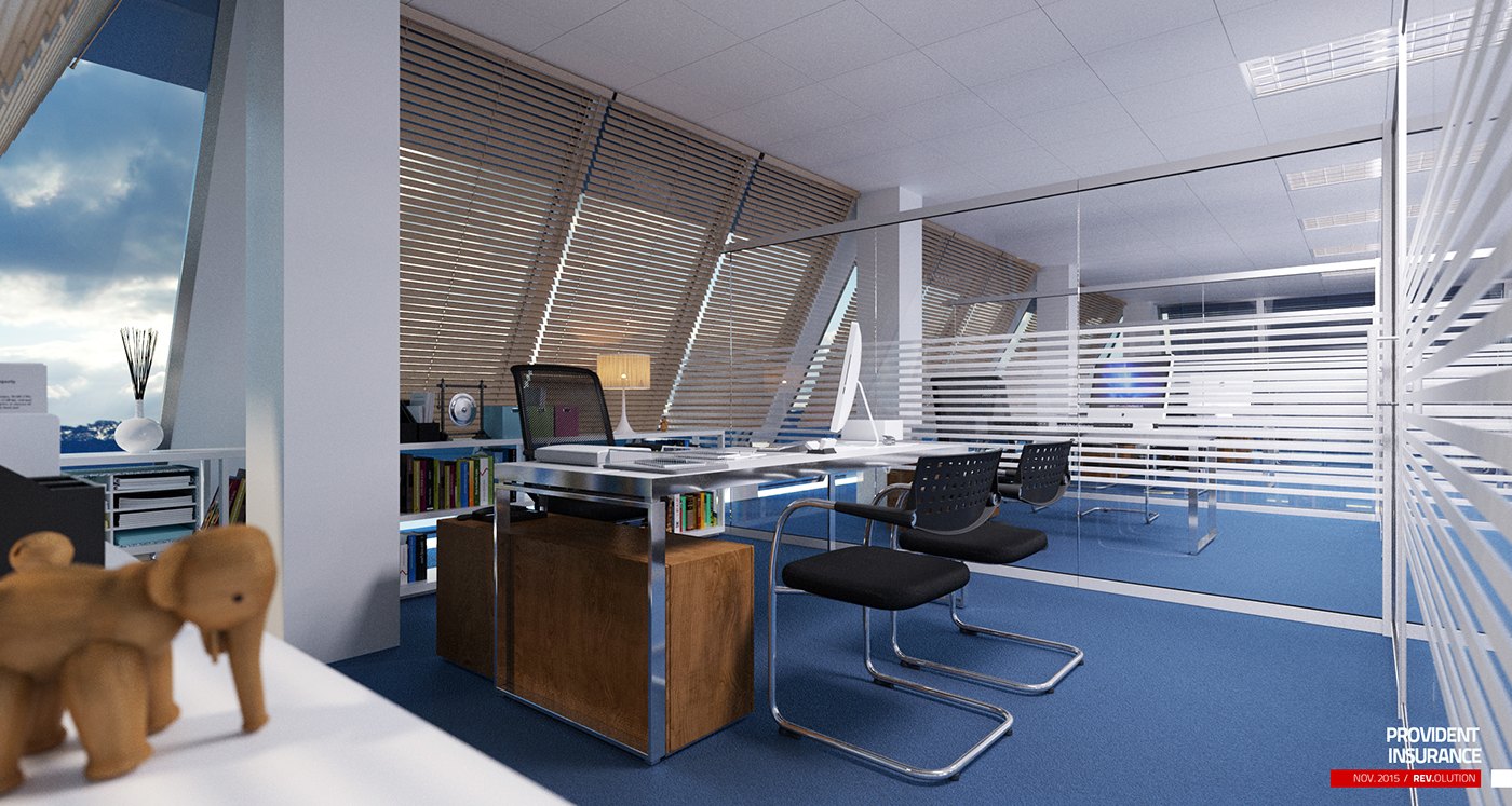 Interior visualization of an executive office, a wood-topped desk with chrome frame and black task chairs on blue carpet, louvered blinds and a window with sky to the left, an angled slatted ceiling above, and a small carved wooden elephant on a near surface.