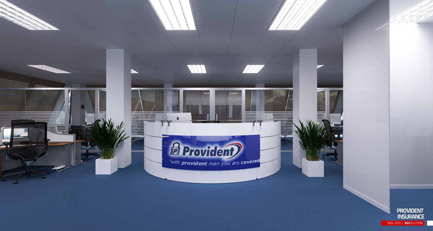 Interior visualization of the reception, a curved white desk fronted by a blue Provident logo band and tagline, set on blue carpet with potted plants either side, office desks and glass partitions receding behind and square ceiling panels overhead.