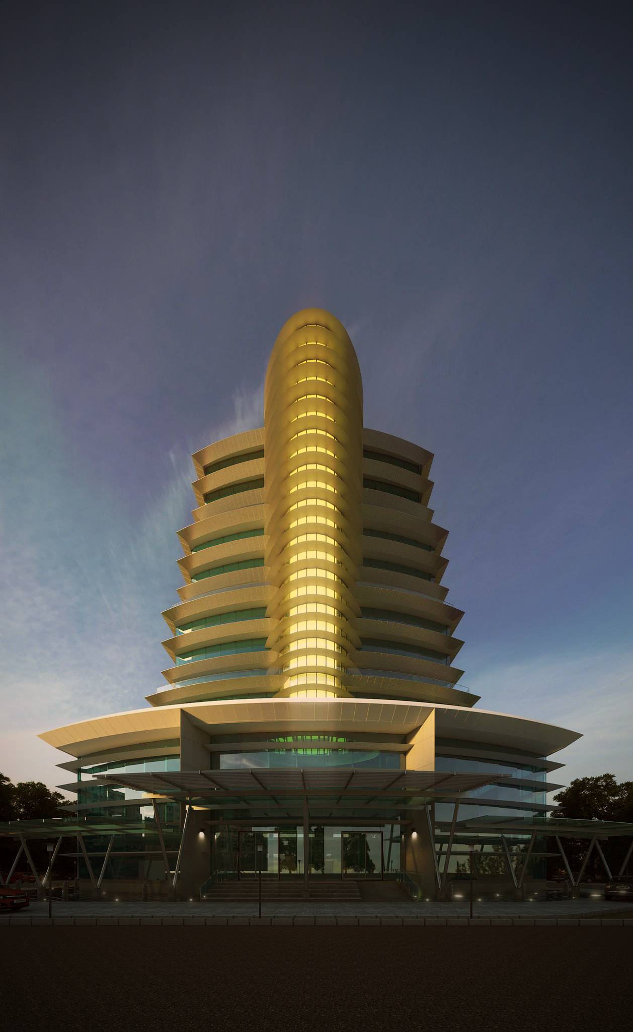 PURC tower from the entrance at dusk: a rounded, internally lit central spine flanked by stacked curved balcony bands, rising over a low glazed podium with a slatted canopy and stepped approach against a deep blue sky