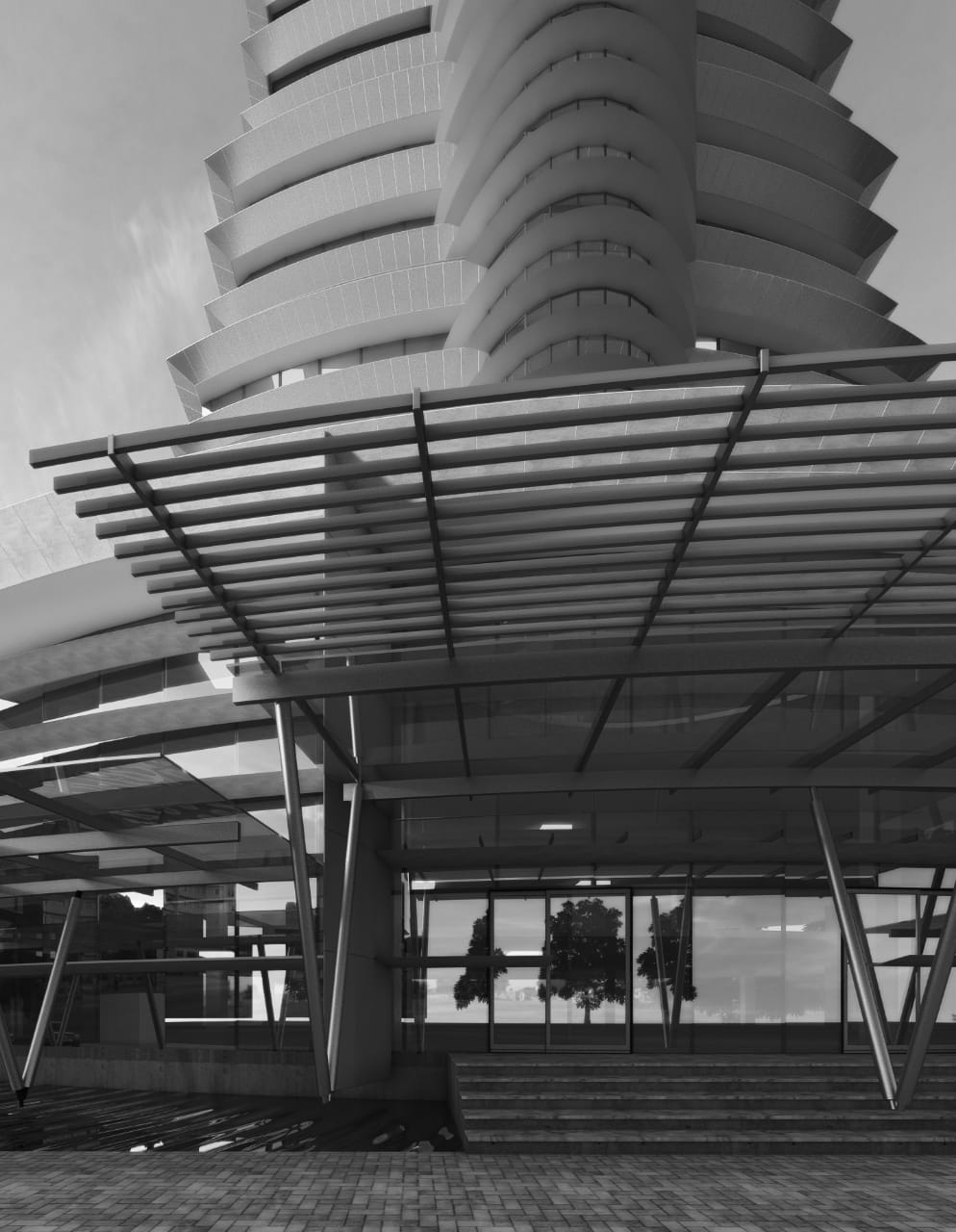 PURC entrance study in monochrome: the slatted steel canopy on raking columns above a flight of steps to the glazed lobby, with the curved banded tower rising behind and trees reflected in the screens