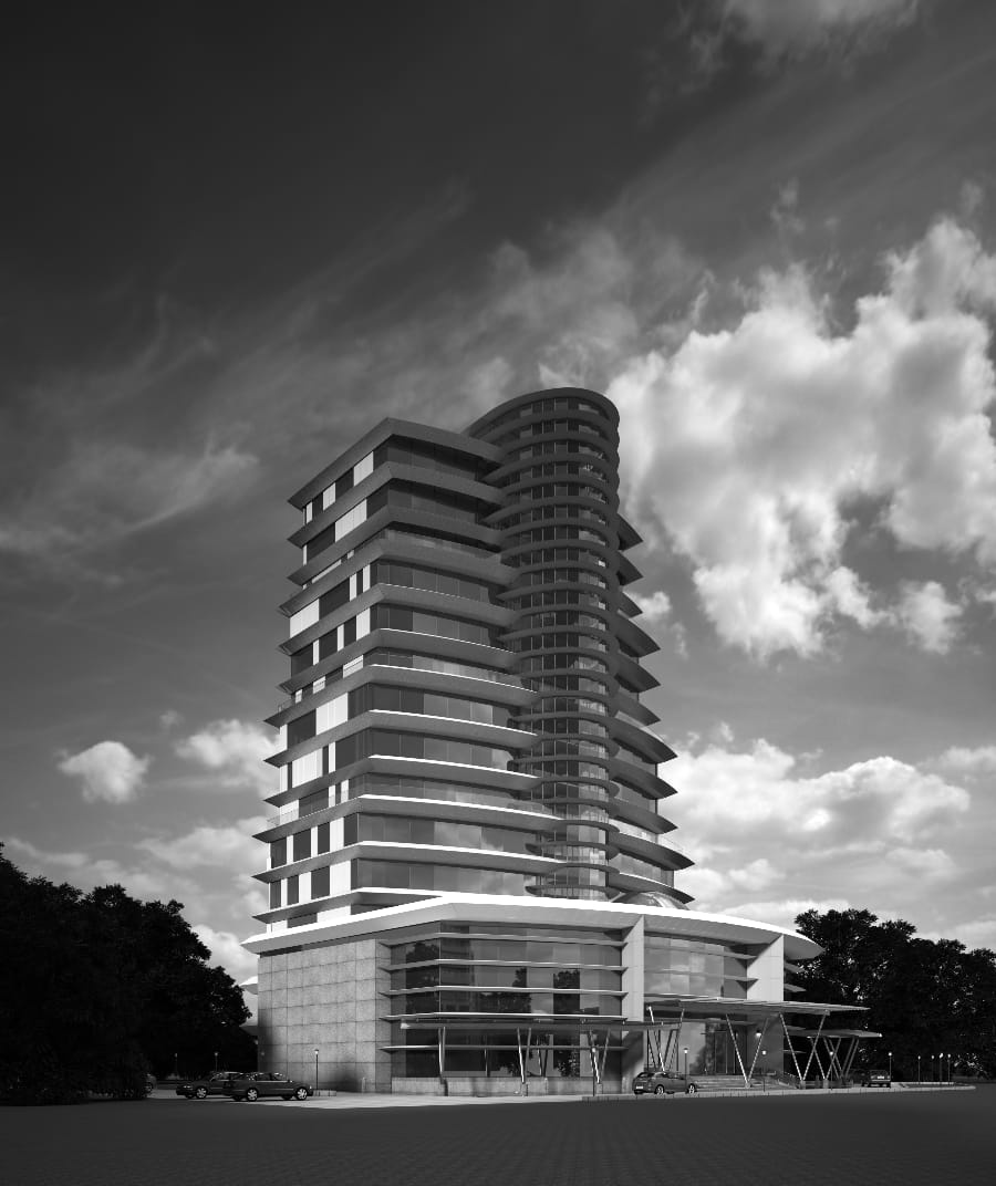 PURC tower in monochrome from the corner: a rectangular banded wing set against the curved drum, above a stone-clad podium with a glazed corner and entrance canopy, parked cars and trees at street level under heavy cloud
