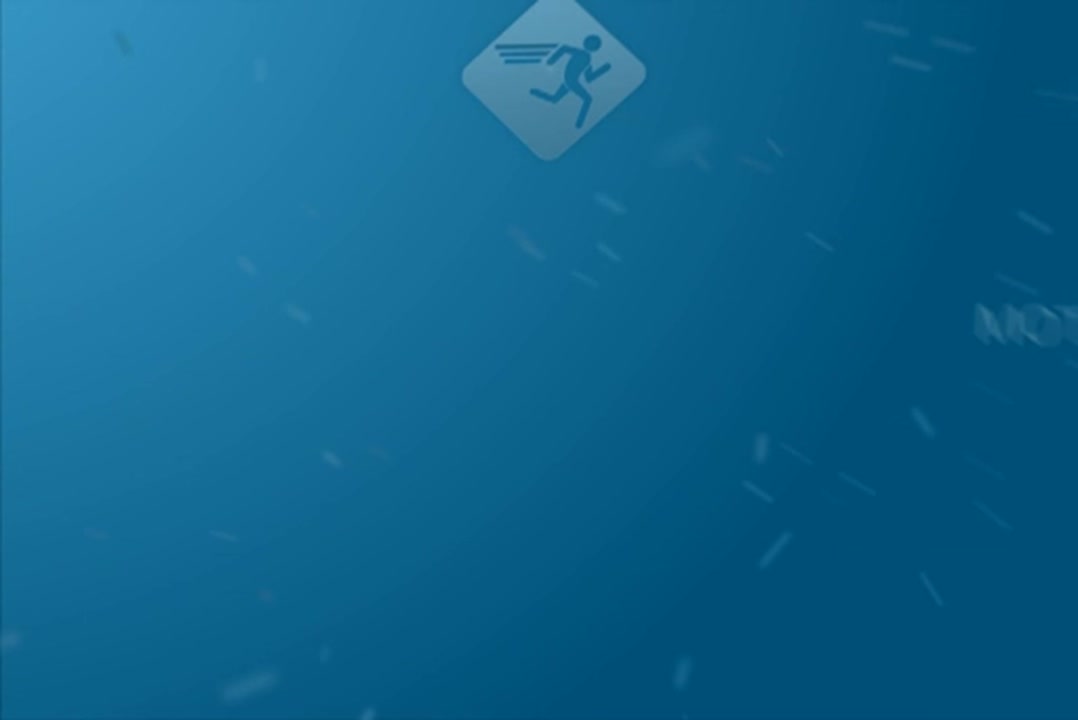 Poster frame from the ident: a tilted rounded white tile carrying a blue running figure with speed streaks, set on a deep blue gradient field with drifting light dashes and blurred type entering at the right edge