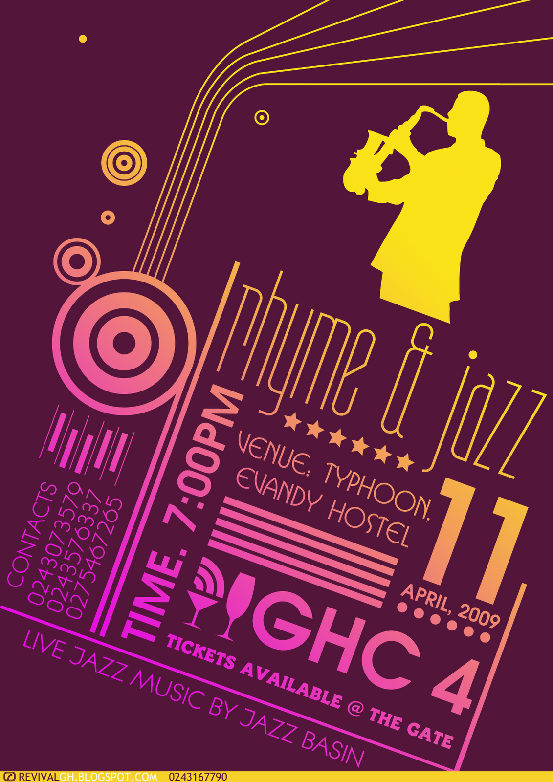 A two-colour event poster on a deep maroon ground: the name rhyme & jazz set at a slight tilt in a very tall, narrow display face shading from magenta to yellow, a row of six stars beneath it and a solid yellow silhouette of a saxophonist playing at the upper right, while the venue line, a large gradient 11 over APRIL, 2009, TIME. 7:00PM run vertically at the left beside concentric record-label rings, a wine glass and a champagne flute stand by GHC 4, and a yellow strip along the foot carries the studio&rsquo;s own blog address.