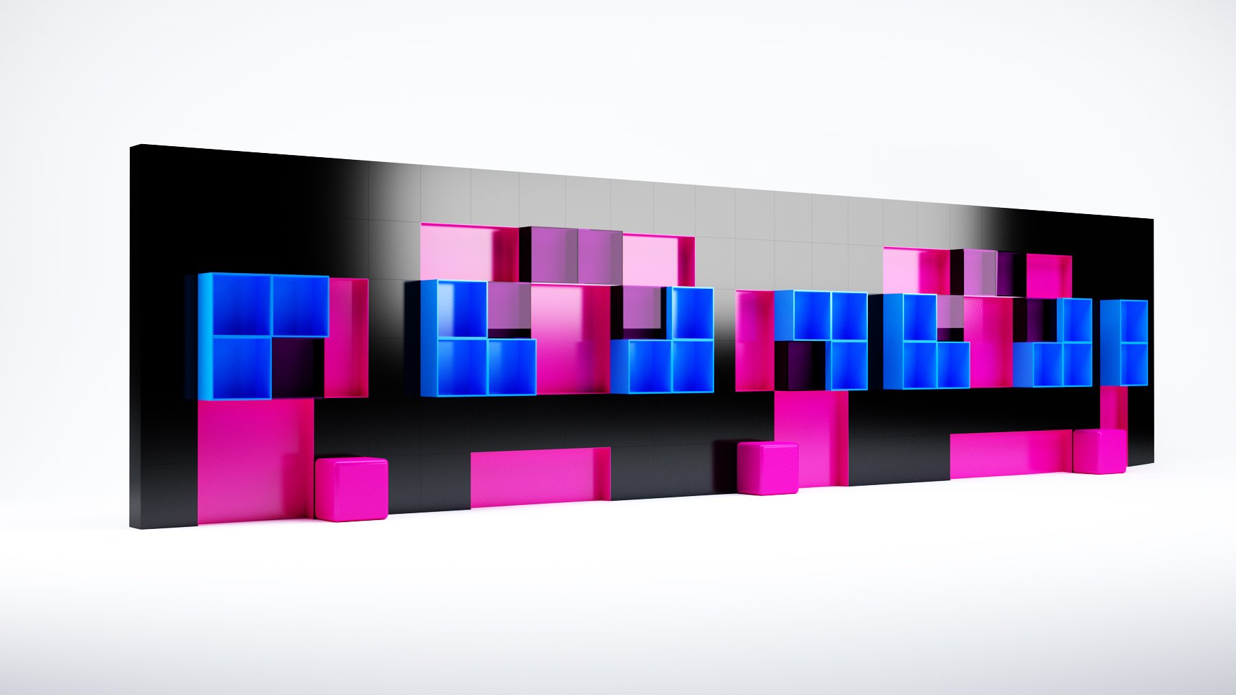 RLG display wall: a black panel punctuated with square cubby modules in magenta and blue, some set flush and some projecting from the face, with magenta cube seats spaced along its base on a white studio ground