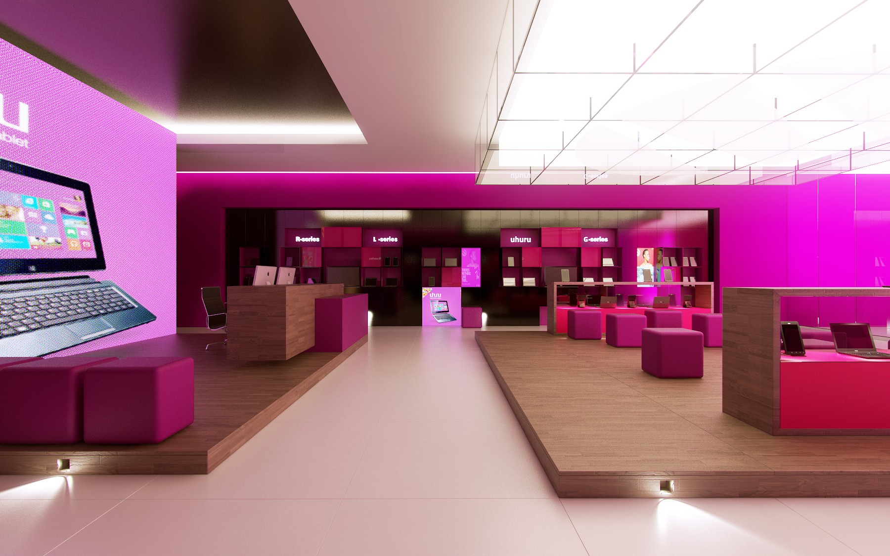 RLG showroom render: a magenta-lit feature wall with a wall-mounted laptop graphic, timber platforms with magenta seating, and the branded casework wall