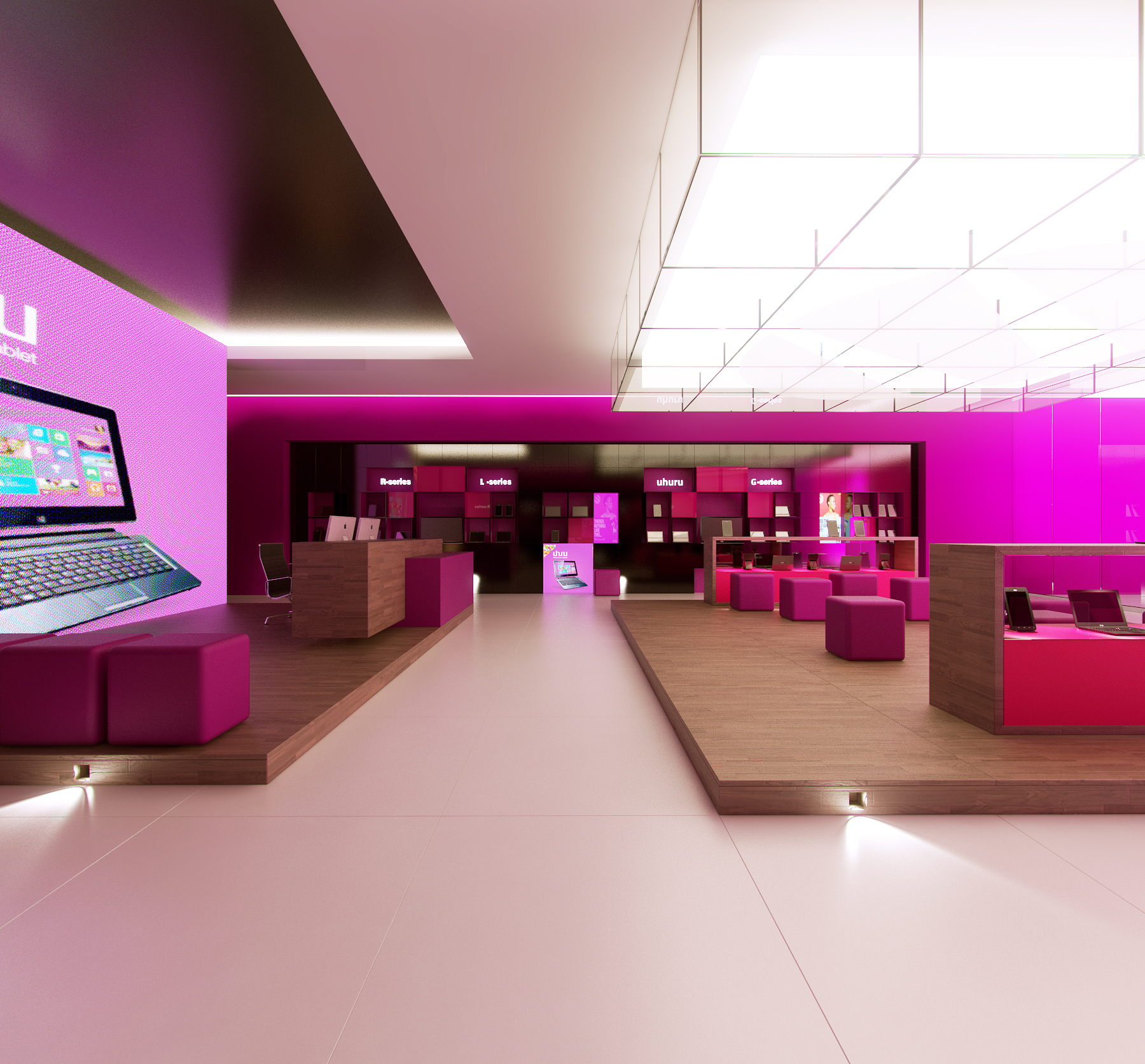 RLG showroom render: a magenta-lit feature wall with a wall-mounted laptop graphic, timber platforms with magenta seating, and the branded casework wall