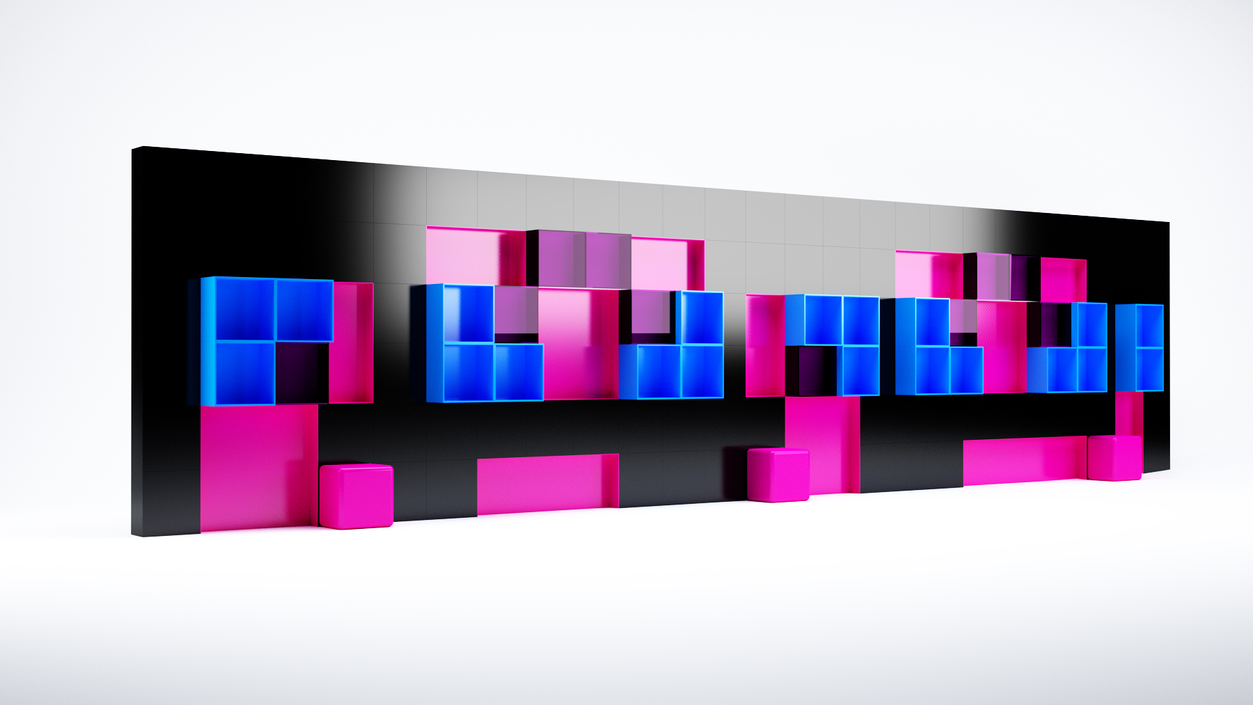 RLG display-case wall: blue and magenta cases mounted across a dark showroom wall with white tiling