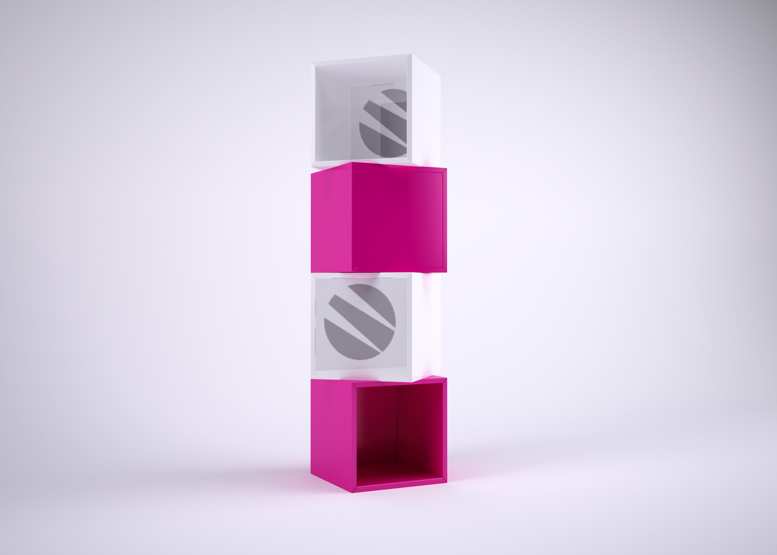 RLG box display: a freestanding stack of white cubes with grey graphic panels alternating with magenta cubes