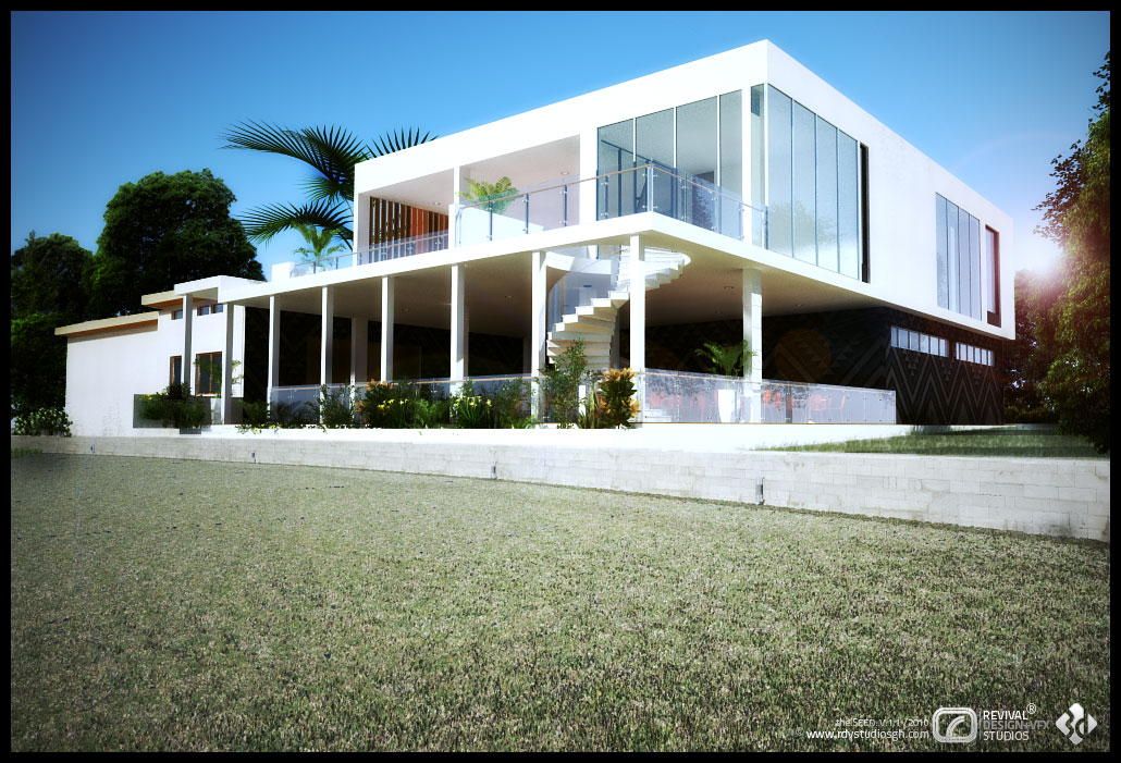 A low angle across the course at a two-storey white club house set on a raised stone podium: an open ground-floor colonnade of slender square columns runs along the left with dark glazing behind it and a strip of flowers at its base, and a white spiral stair rises to the terrace at the centre. Above, the upper volume is a plain white box with a long band of full-height glazing to the right and a recessed balcony behind a glass balustrade to the left, screened with warm timber slats. A dark stone wall patterned with pale zigzags and a slot of small square windows closes the right, palms and mature trees frame both ends under a clear blue sky, and a wide mown lawn fills the foreground with the sun flaring at the upper right.