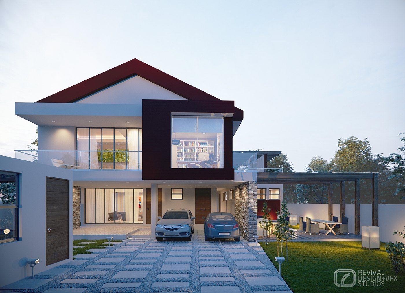 Dusk exterior render: a two-storey townhouse with white walls, a steep dark red roof and a matching red box framing the upper window, warm light behind full-height glazing, a stone pier, two cars on a paved drive and lawn bollards.