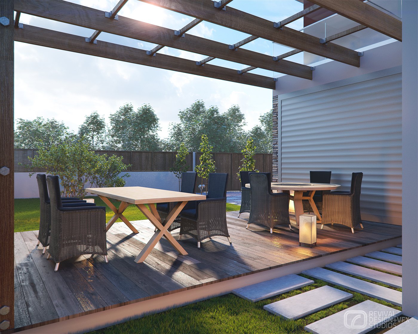 Covered terrace render at sunset: a timber pergola on steel posts over a boardwalk deck with two dining tables, rattan chairs and lanterns, stepping pads crossing the lawn at the right, a white slatted wall behind and trees beyond the fence.