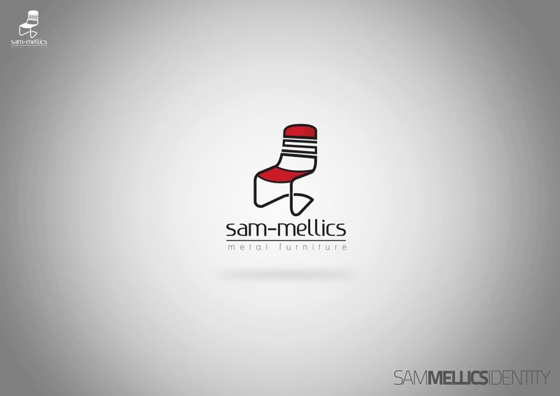 A logo sheet on a light grey radial field: a cantilever chair drawn as a mark, its backrest a red panel crossed by three black slats and its seat a second red plane, carried on a single black line that drops and loops forward like bent tube; below it the wordmark sam-mellics in a thin lowercase geometric sans, ruled through by a hairline, with the widely tracked grey tagline metal furniture underneath; a small monochrome chair-and-name lockup sits at the top left and the name set as one logotype, SAM MELLICS IDENTITY with the middle word weighted, at the lower right.