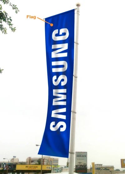 Photograph of a vertical feather flag on a pole, blue with the white SAMSUNG wordmark running upward, labeled Flag in orange, against a hazy city skyline and treetops.