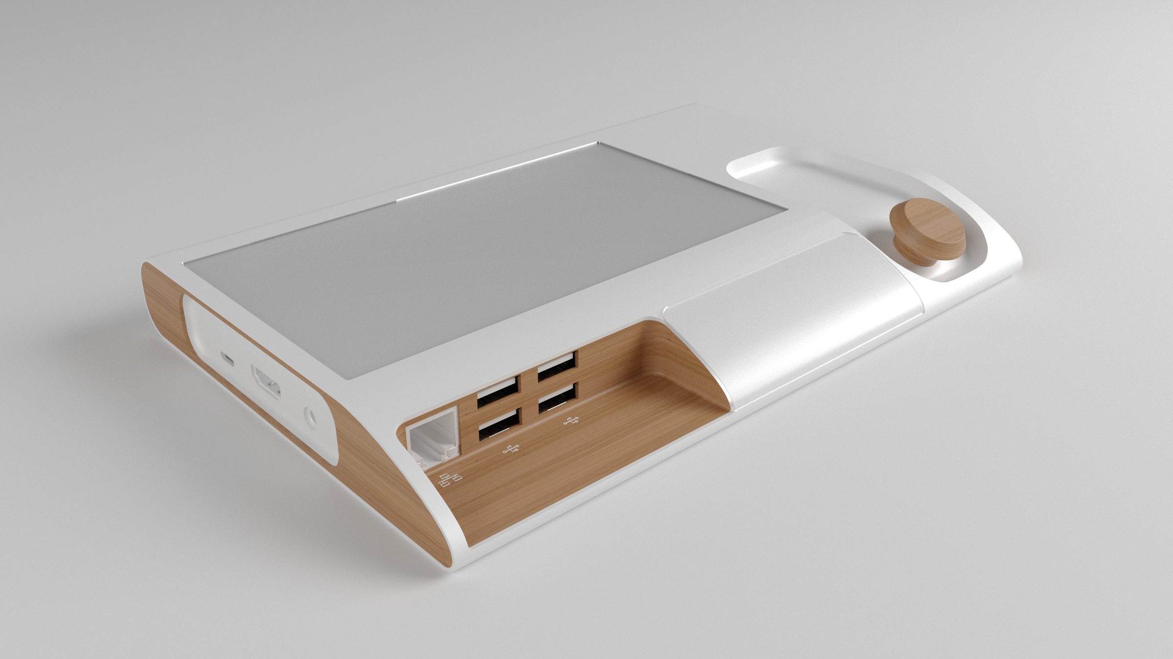 Three-quarter view of the Senseble control panel from behind: a white body with solid oak cheeks, a wide touchscreen set into the sloped face, a rotary dial at the near corner and a bank of USB sockets recessed into the oak.
