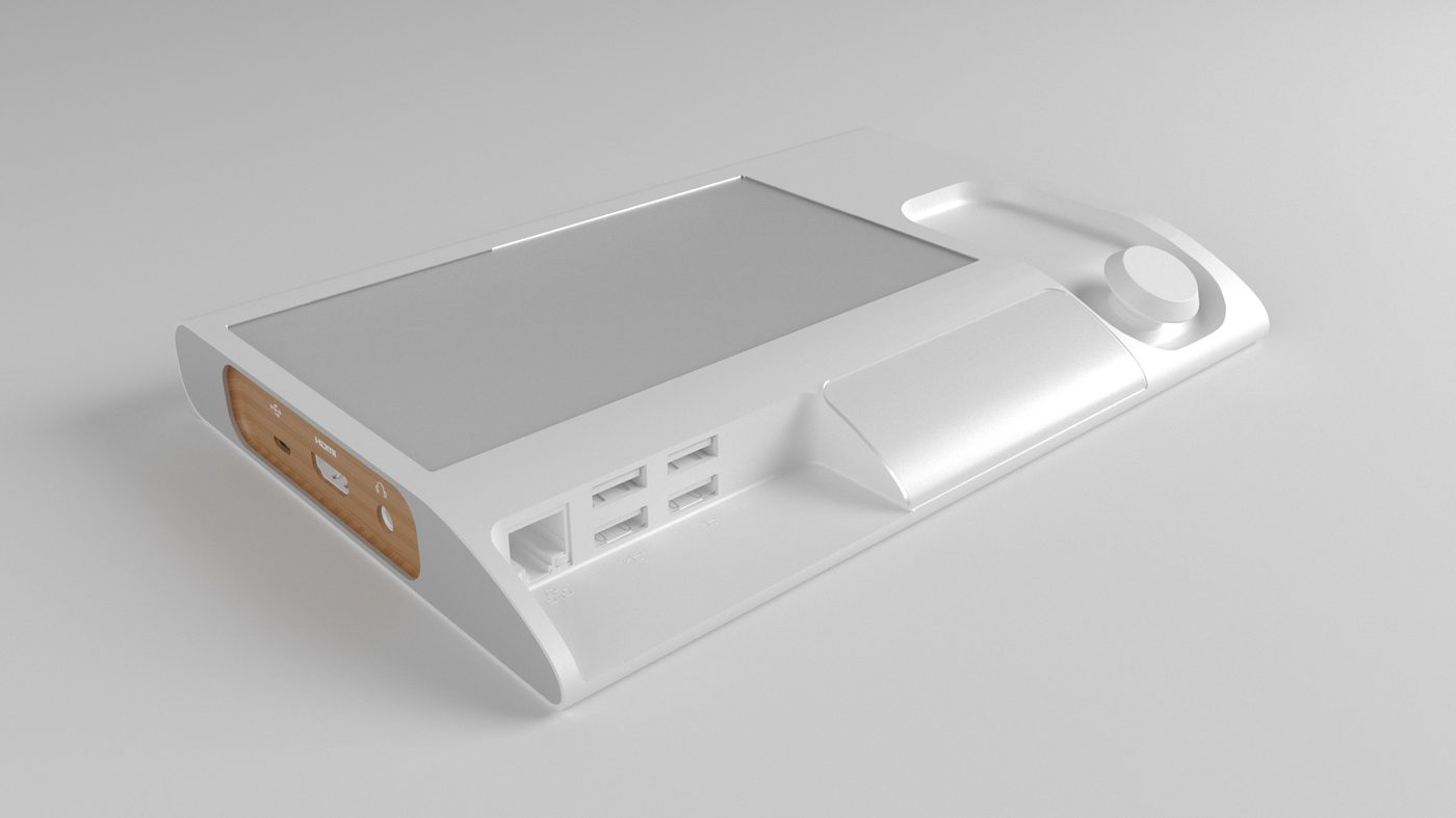 Material study seen from the socket side: white body, oak cheek carrying the connectors, the switch wells moulded into the wedge and the dial laid into its slot.